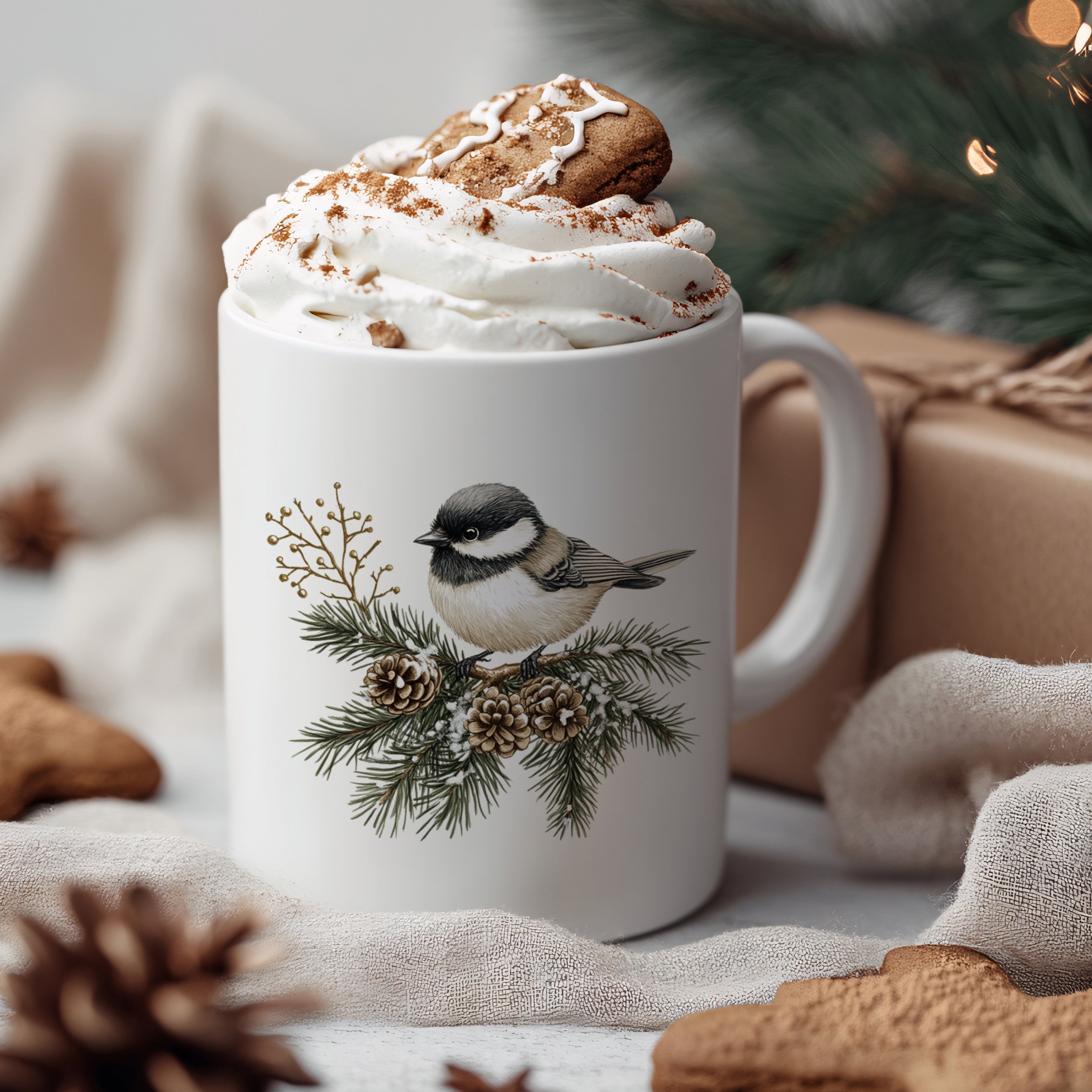 Weißer Becher mit Vogelmotiv, Sahne und Lebkuchen.