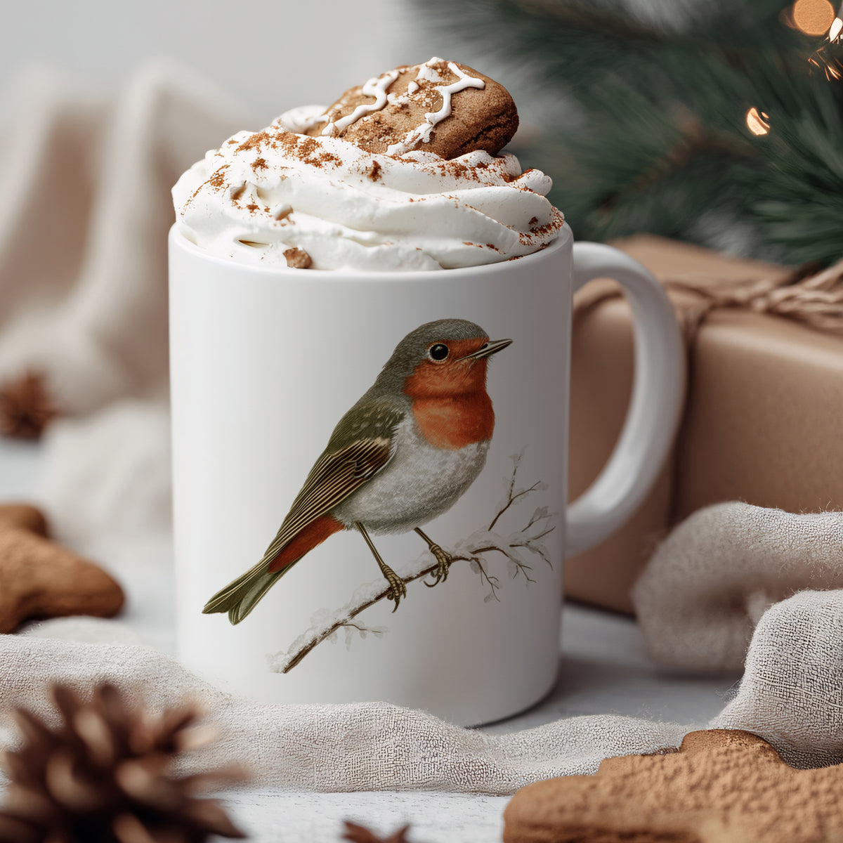 Weißer Becher mit rotbrustigem Vogel und Sahnehaube.