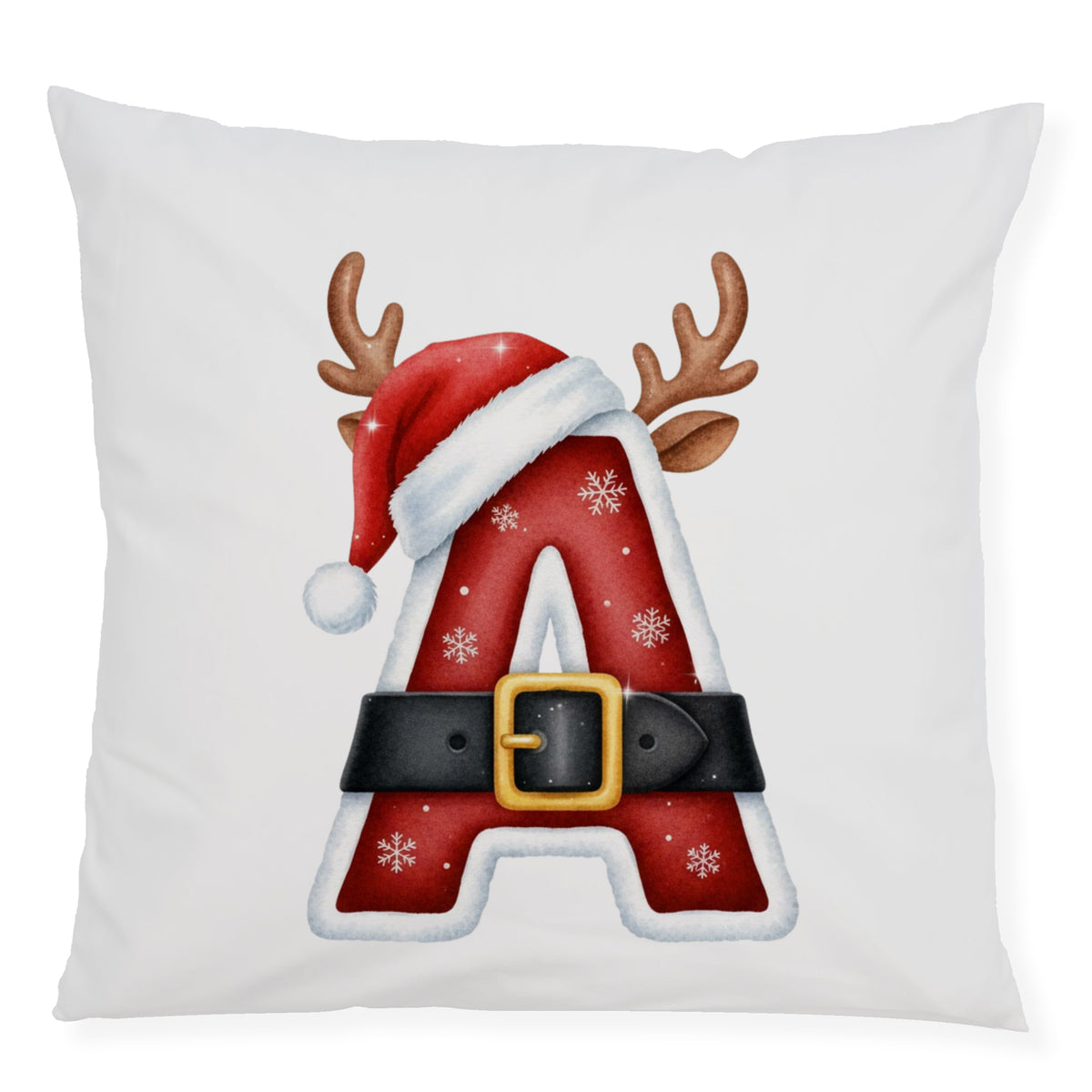 Weihnachtliches Kissen mit rotem "A", Mütze und Geweihen.