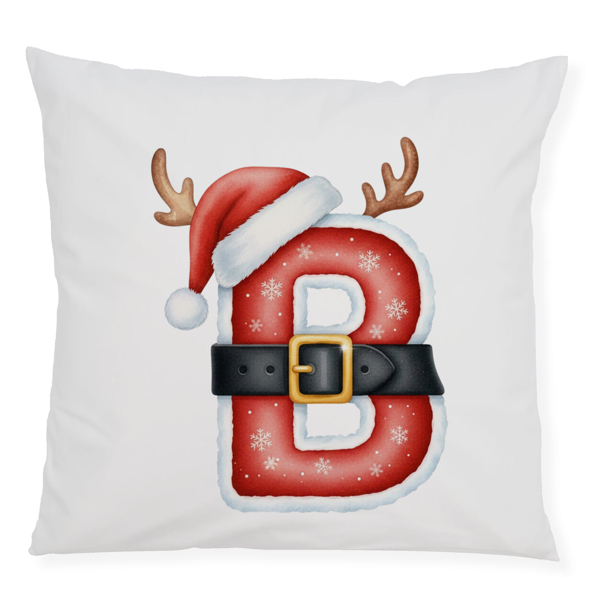 Weihnachtliches Kissen mit rotem "B", Mütze und Geweihen.