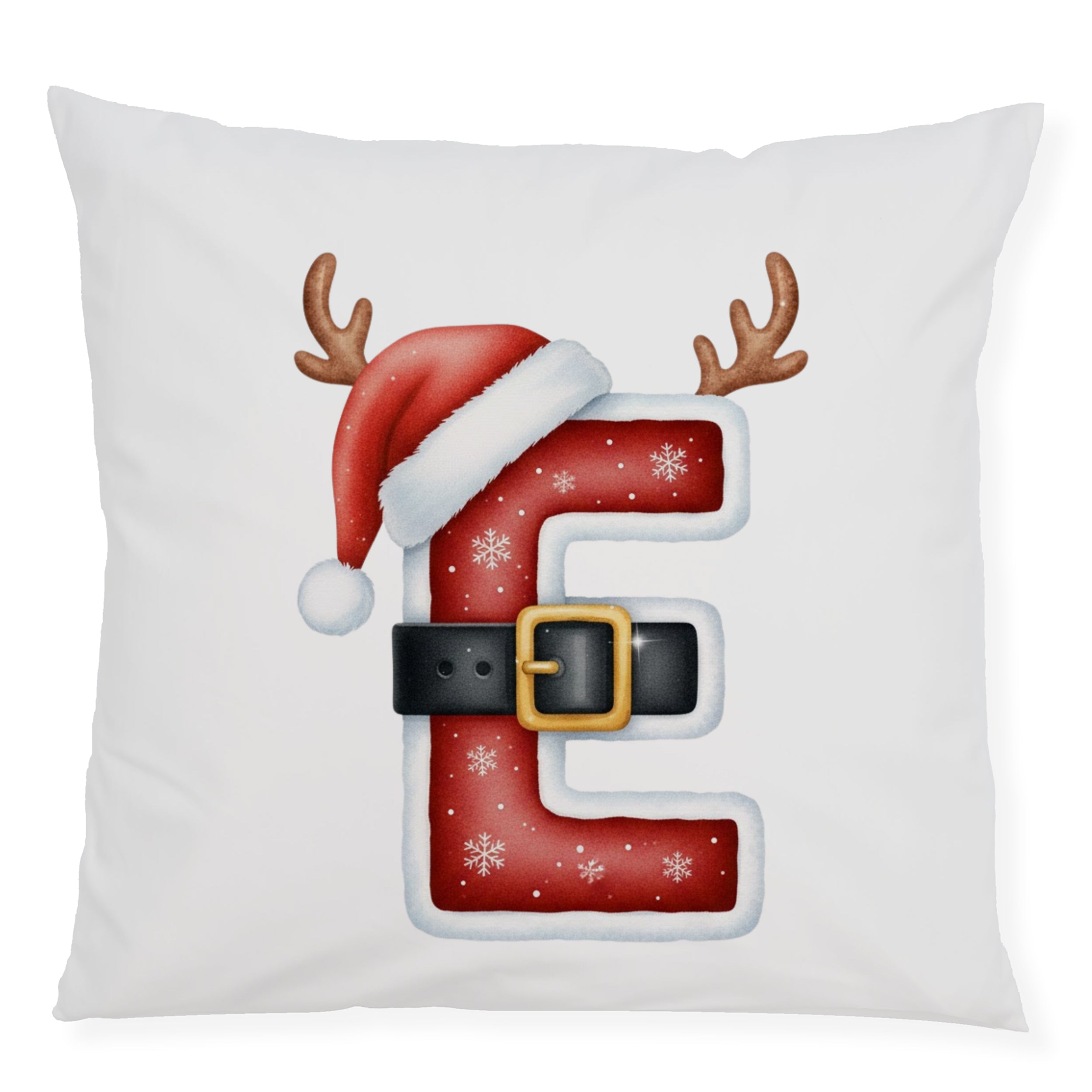 Weihnachtliches Kissen mit rotem E, Rentiergeweih und Weihnachtsmütze.