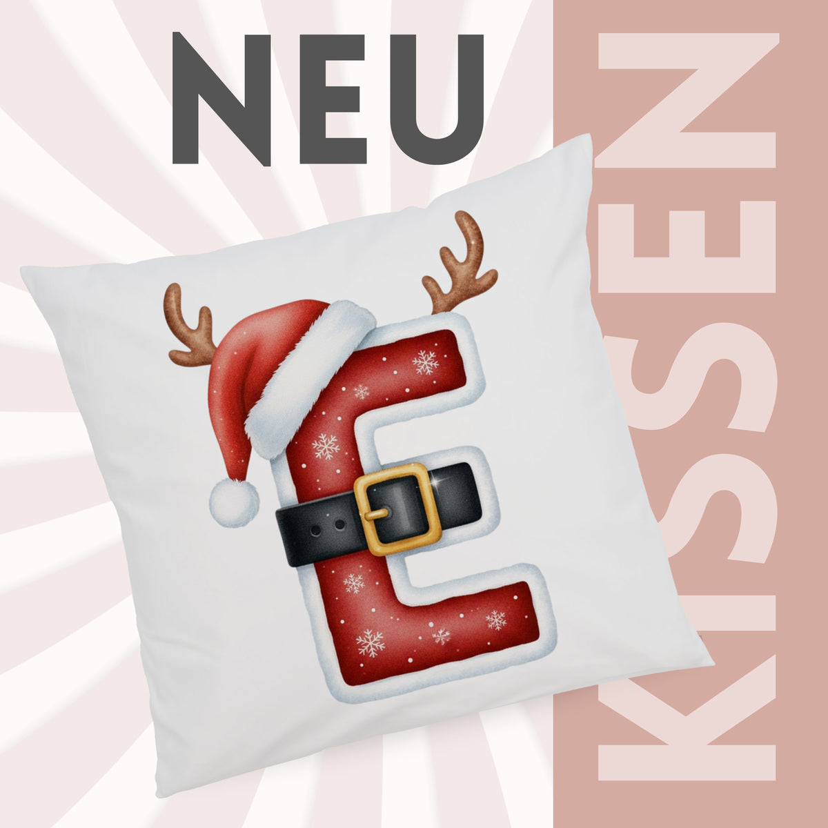 Weißes Kissen mit rotem Weihnachtsbuchstaben E und Geweih.