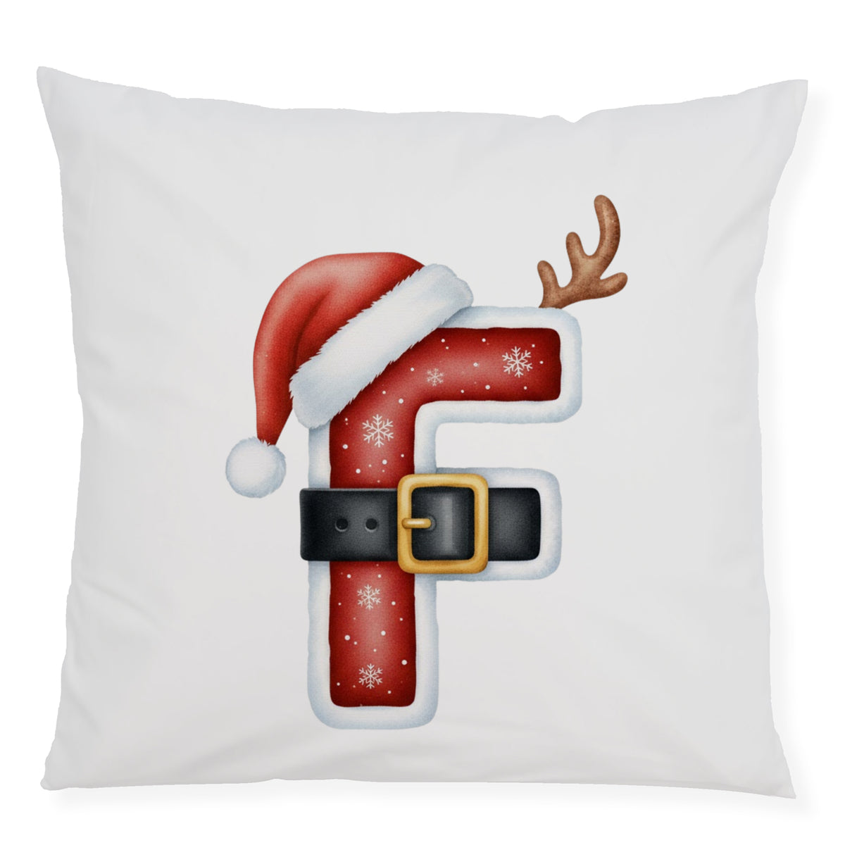 Weihnachtliches Kissen mit rotem "F", Mütze und Geweih.