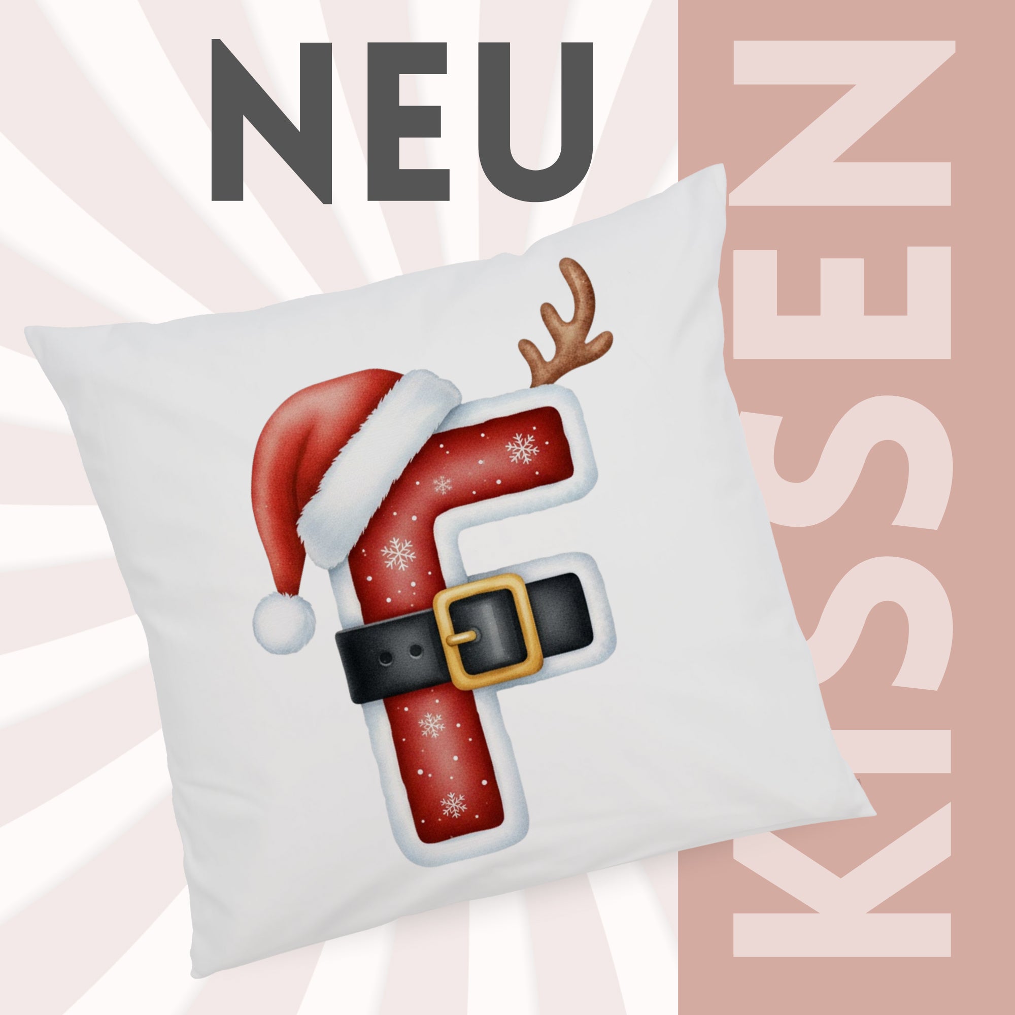 Weißes Kissen mit rotem Weihnachtsmann-Design und Rentiergeweih.
