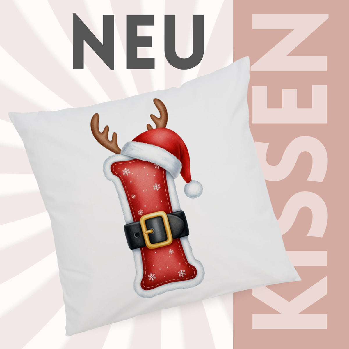 Kissen in Rot mit Weihnachtsmann-Motiv und Geweih.