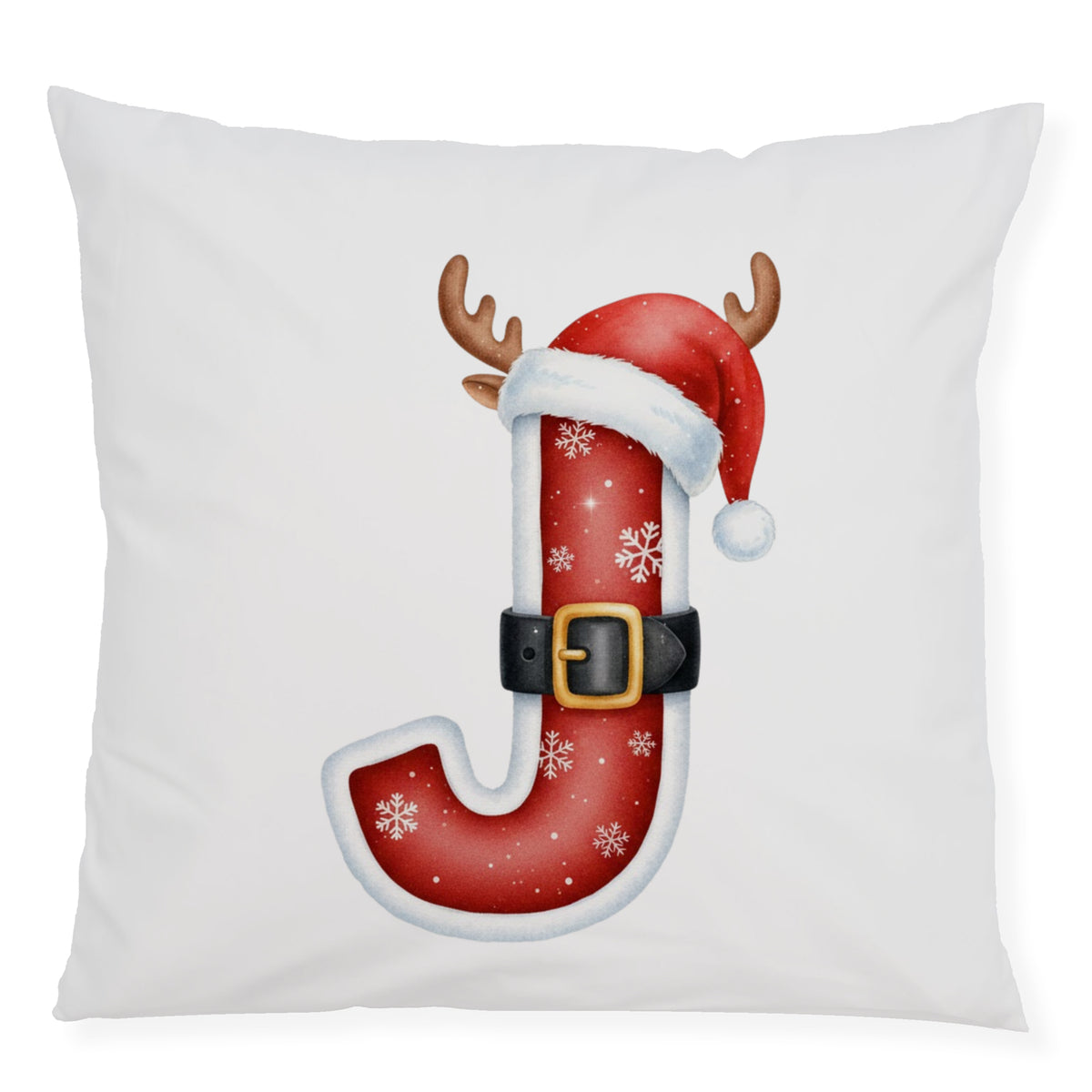 Rote Weihnachtskissen mit Buchstaben J und Rentiergeweih.