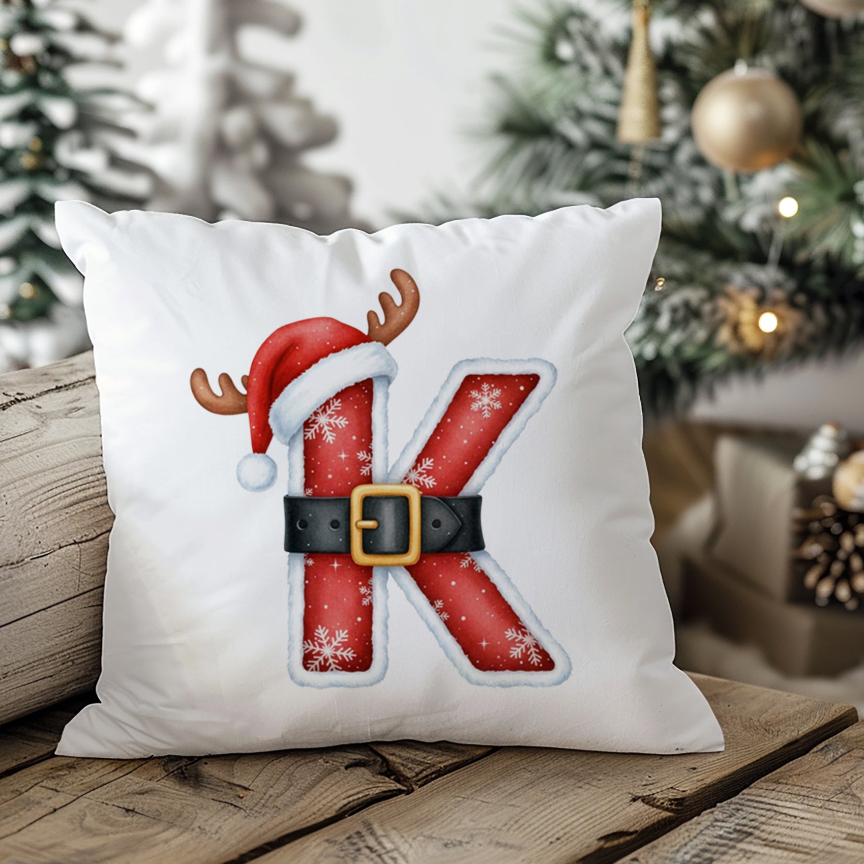 Weihnachtliches Kissen mit rotem K, Weihnachtsmütze und Gürtel.