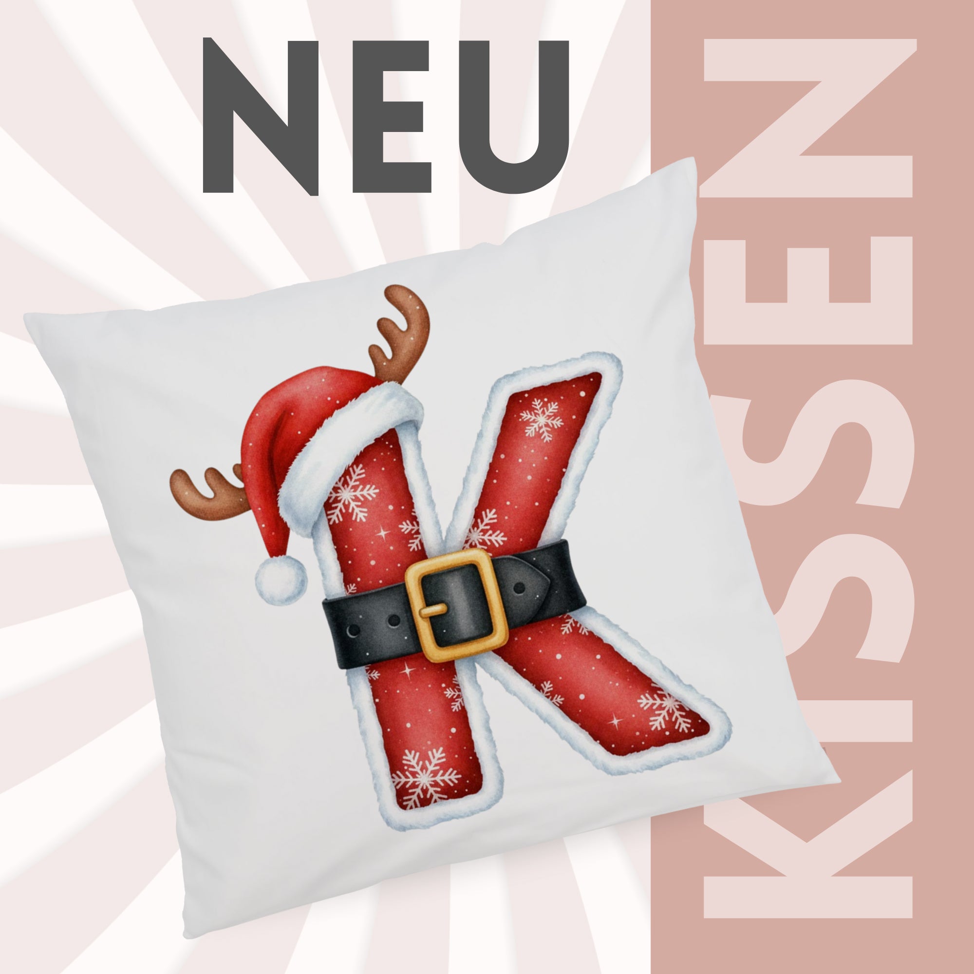 Kissen mit rotem Weihnachtsdesign und Buchstabe K.