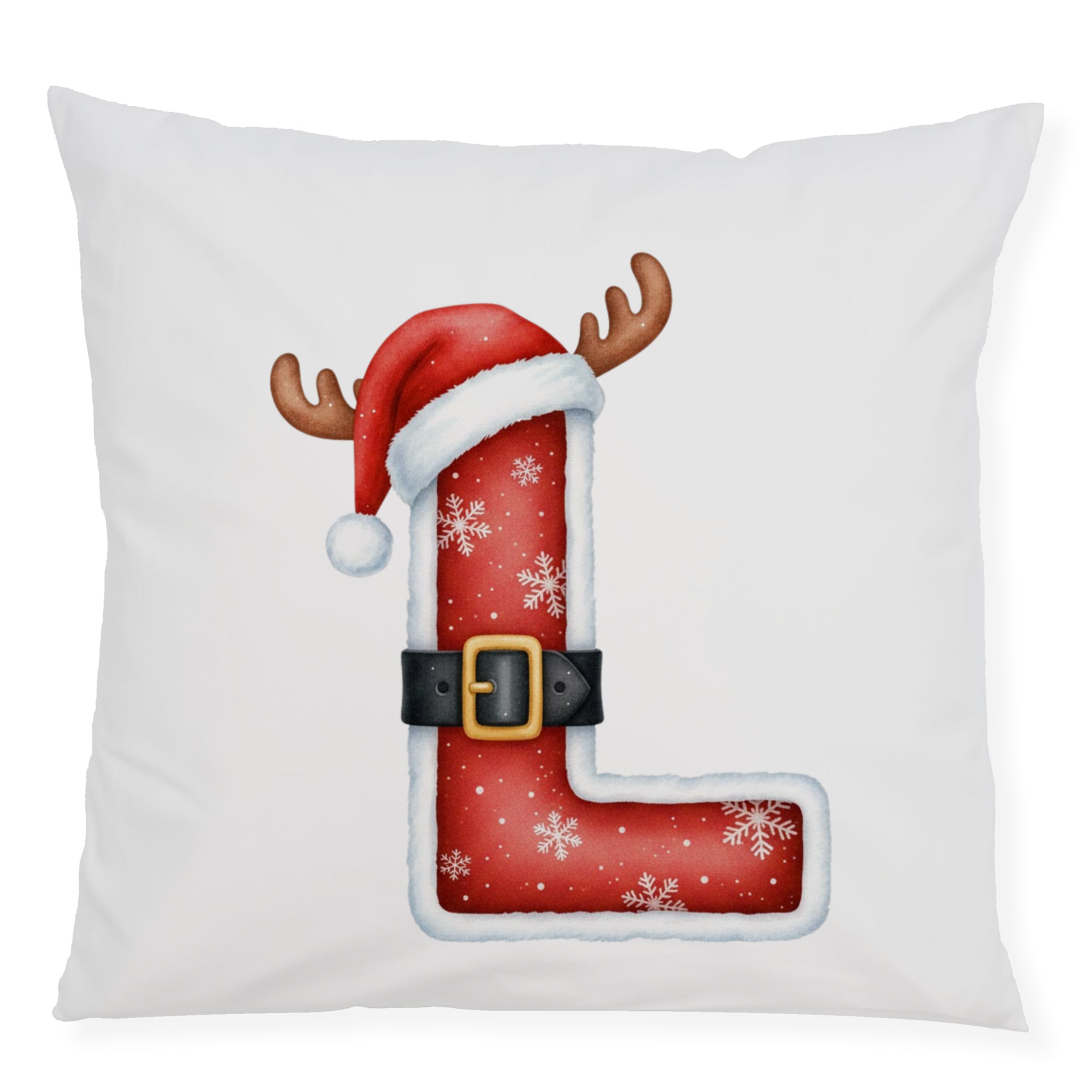 Rote Weihnachtskissen mit Buchstaben L, Geweih und Mütze.