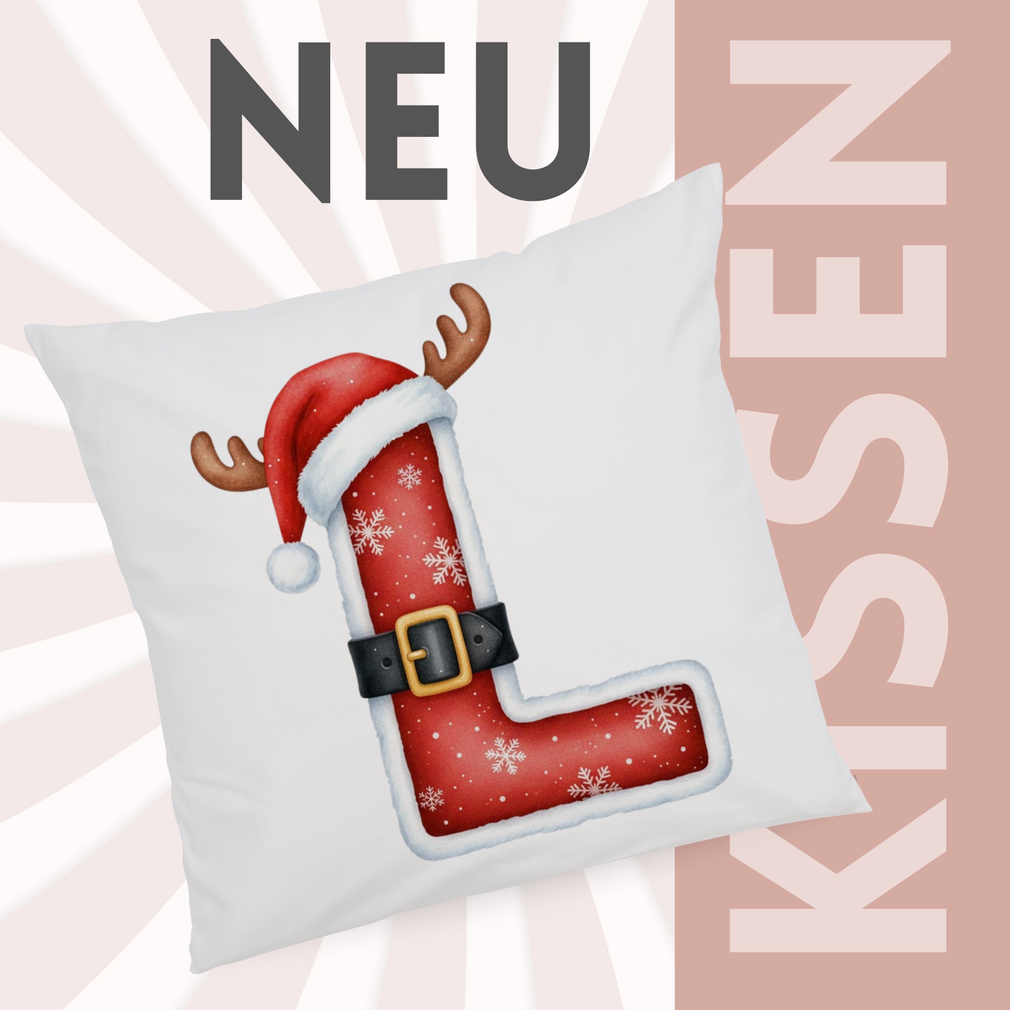 Kissen mit rotem Weihnachtsmotiv und Buchstabe L