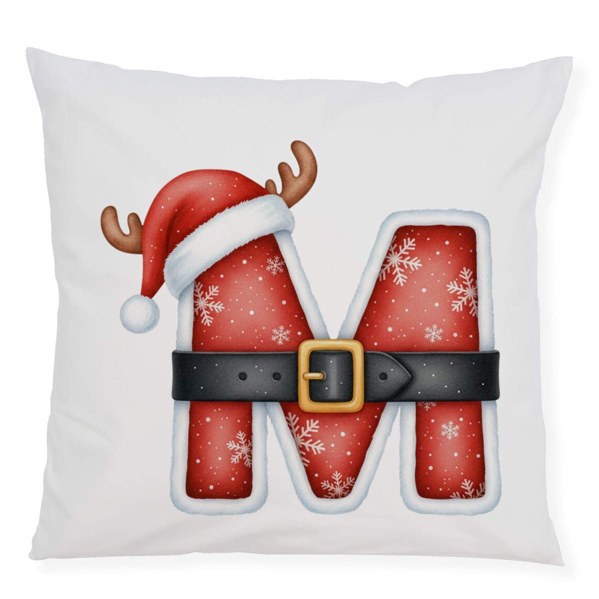 Weihnachtliches Kissen mit rotem "M", Schneeflocken und Hut.