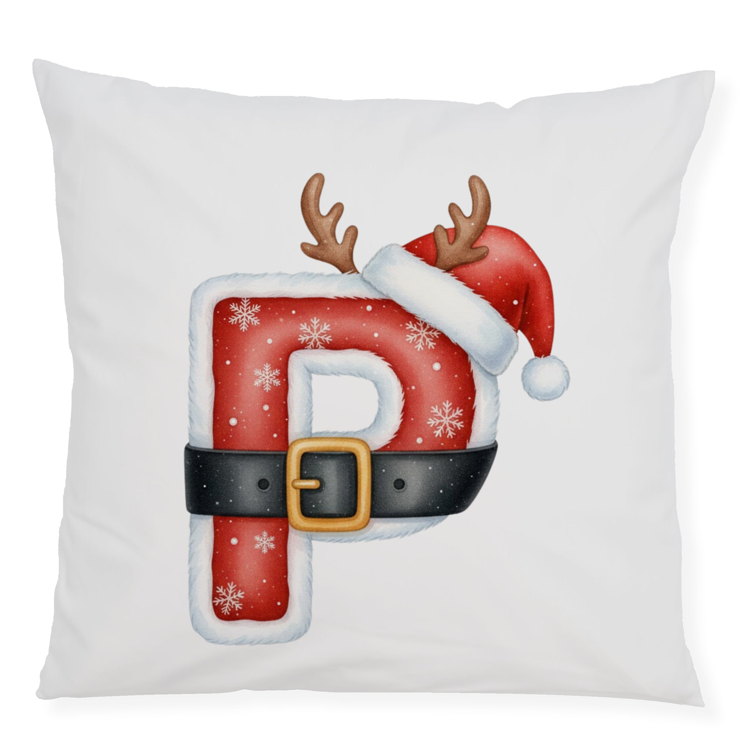 Weihnachtliches Kissen mit rotem „P“, Rentierhörner und Mütze.