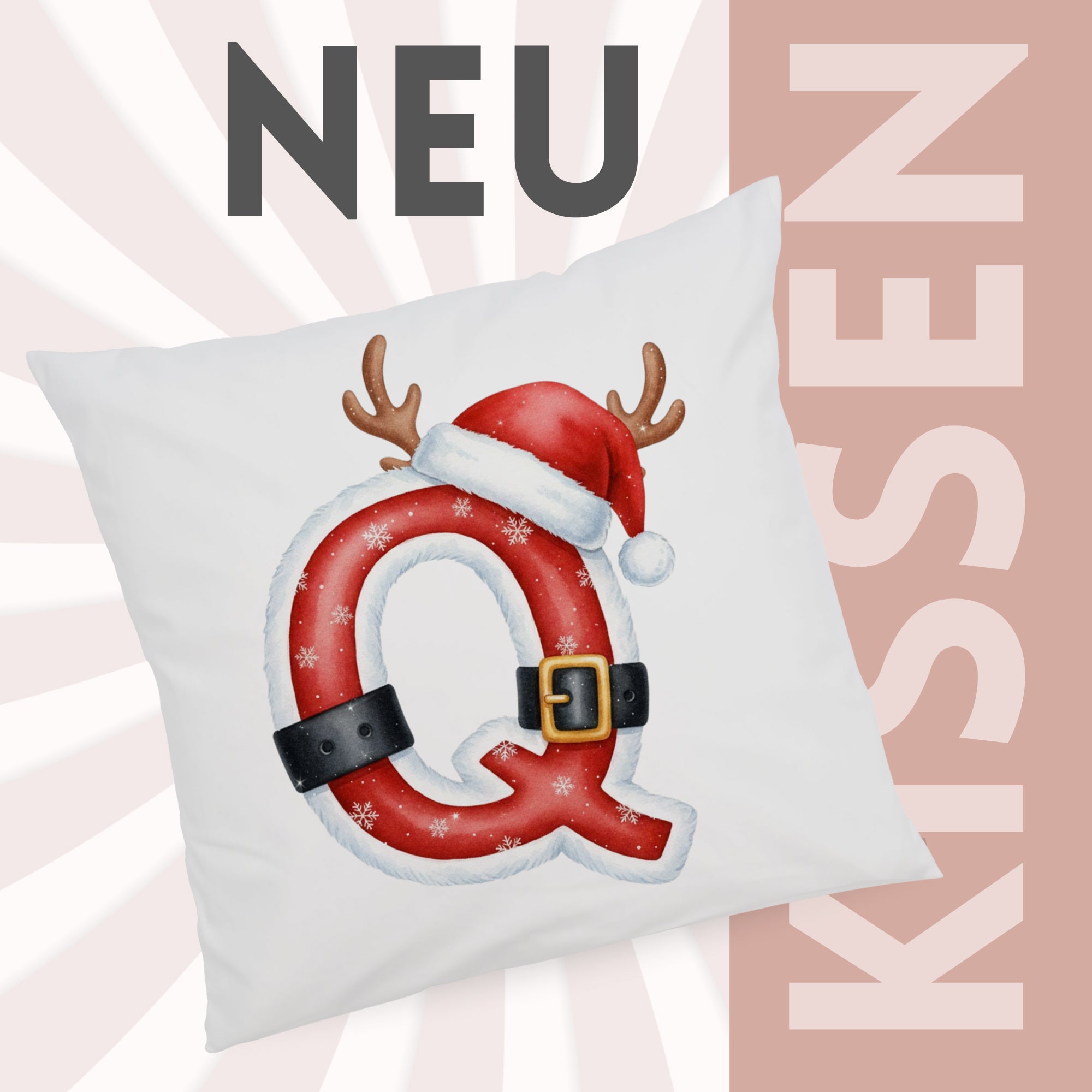 Kissen mit rotem Weihnachtsmotiv und Buchstabe Q.