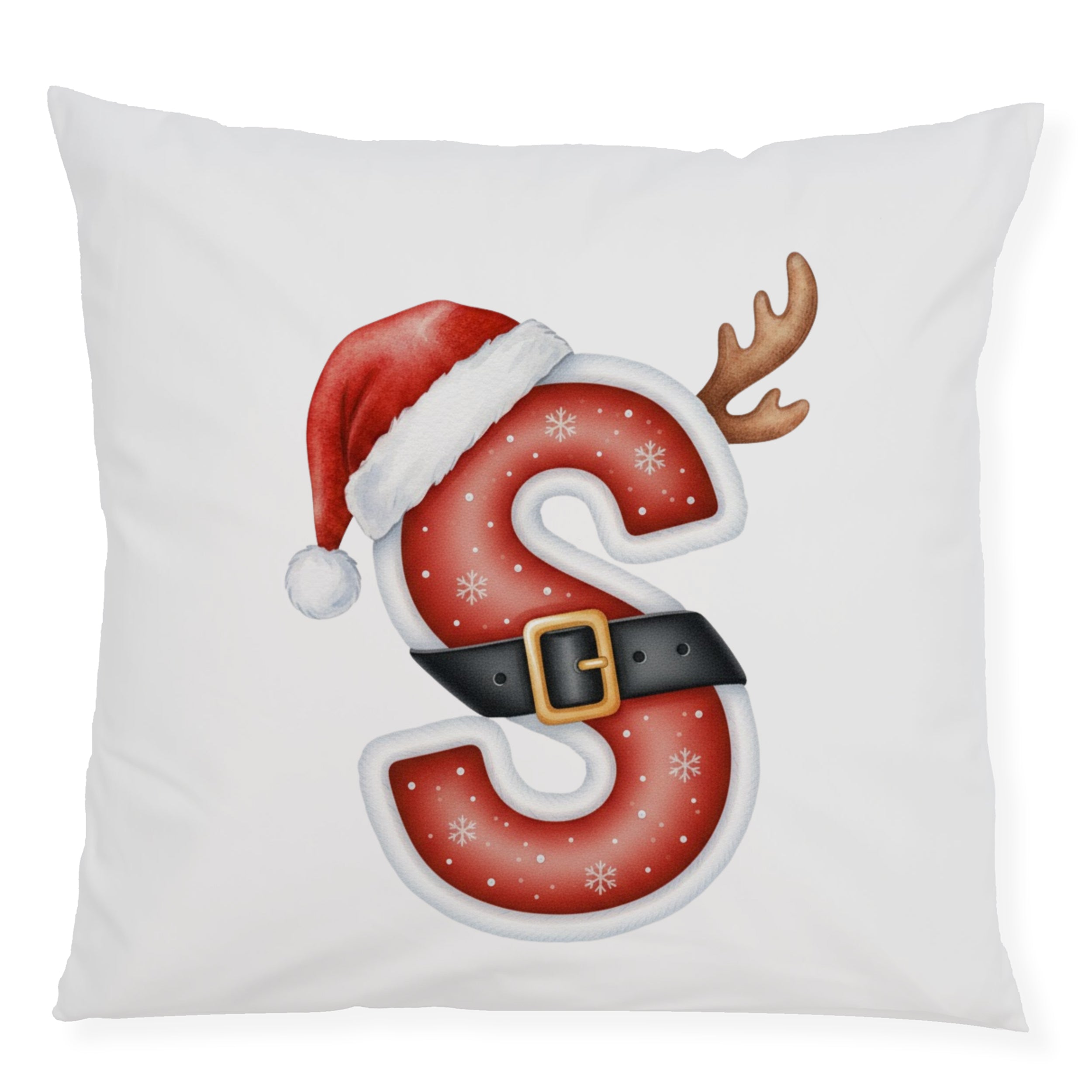 Rote Weihnachtskissen mit Buchstaben S, Weihnachtsmütze und Geweih.