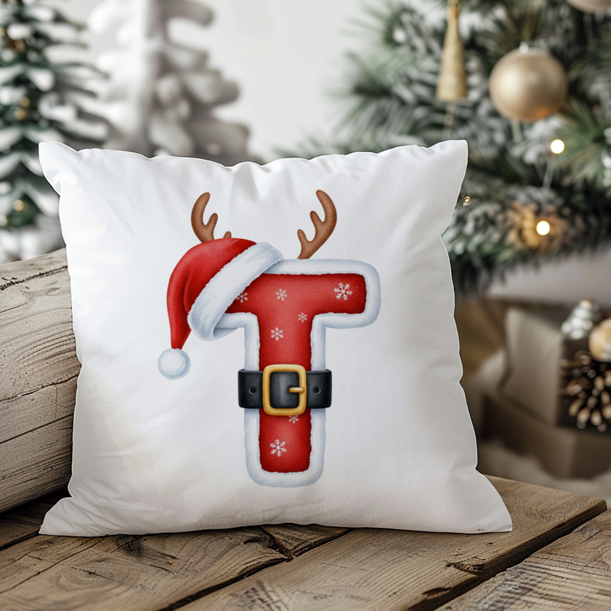 Weihnachtliches Kissen mit rotem T, Rentiergeweih und Mütze.