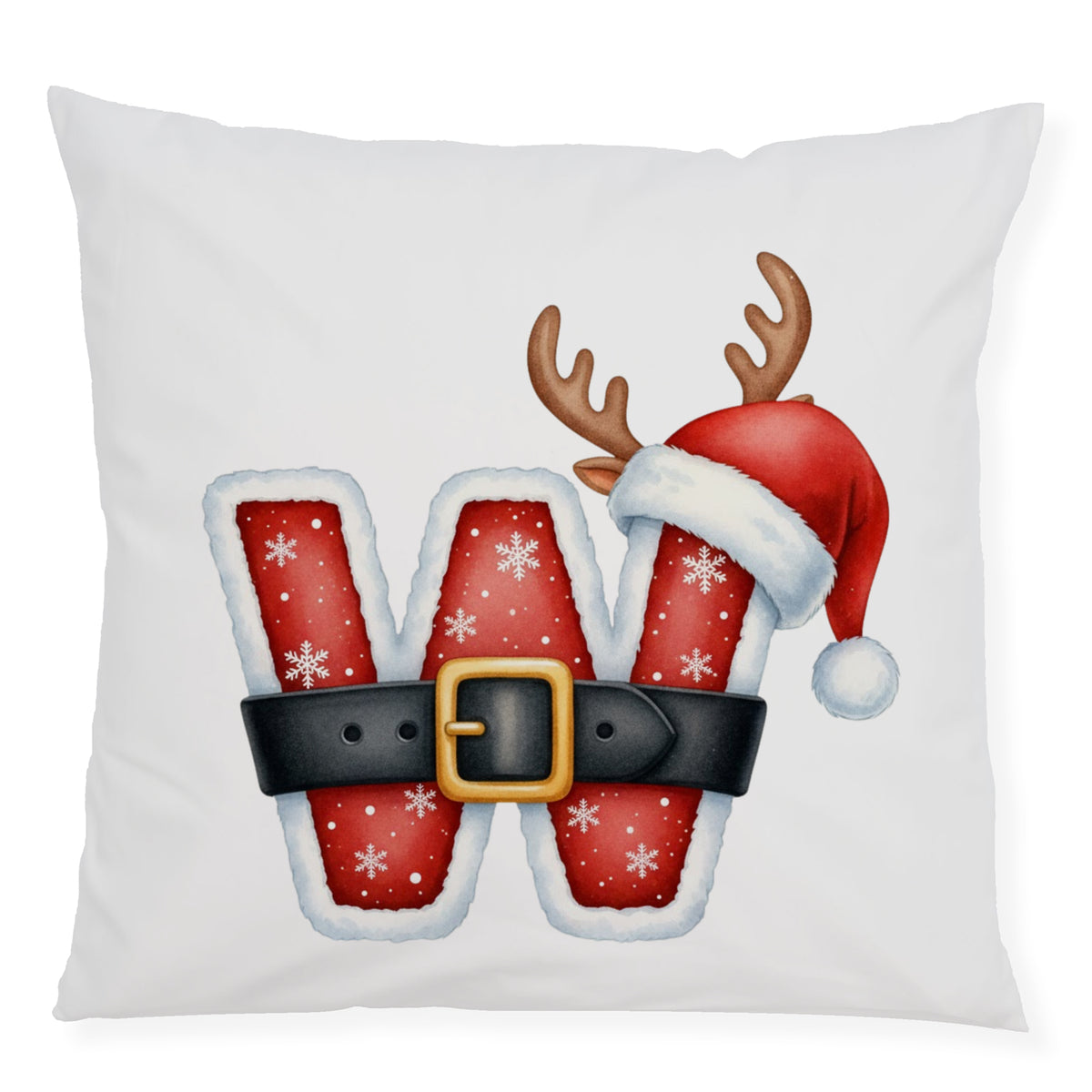 Weihnachtliches Kissen mit rotem "W", Schneeflocken und Rentiergeweih.