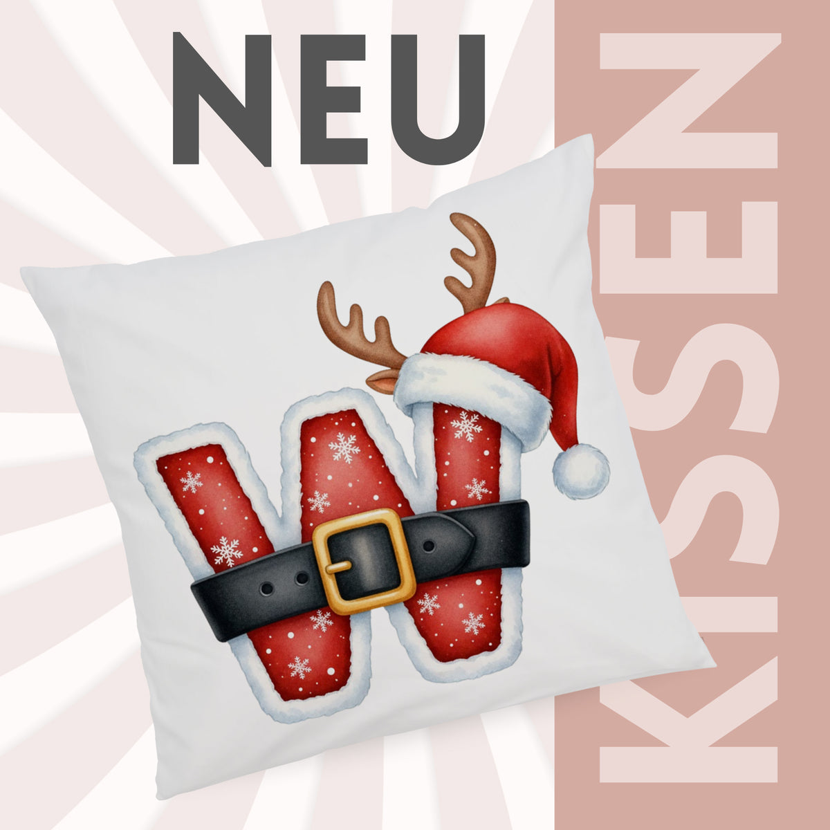 Kissen mit rotem "W", Weihnachtsmannmütze und Rentiergeweih.