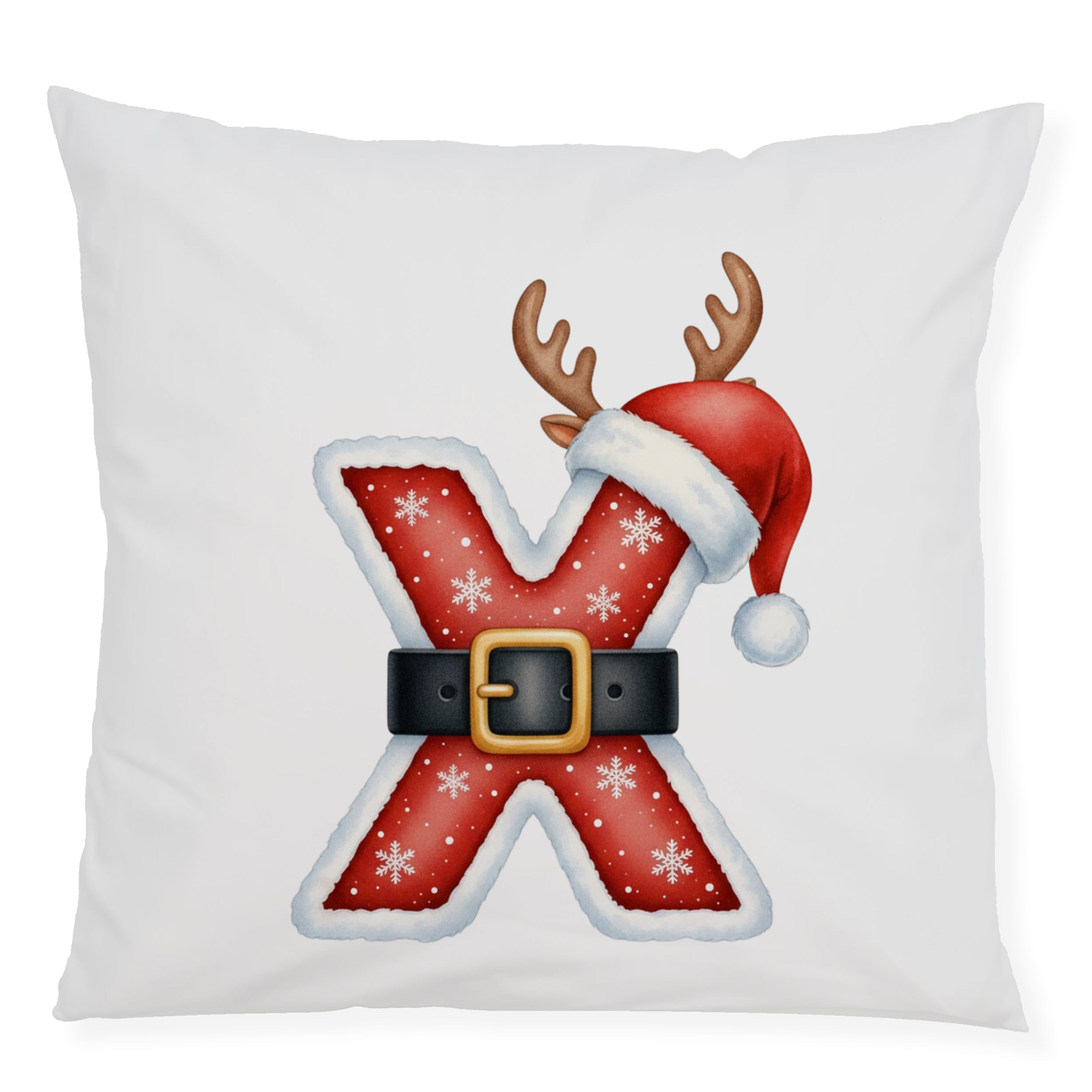 Kissen mit rotem Weihnachts-X, Mütze und Geweih.