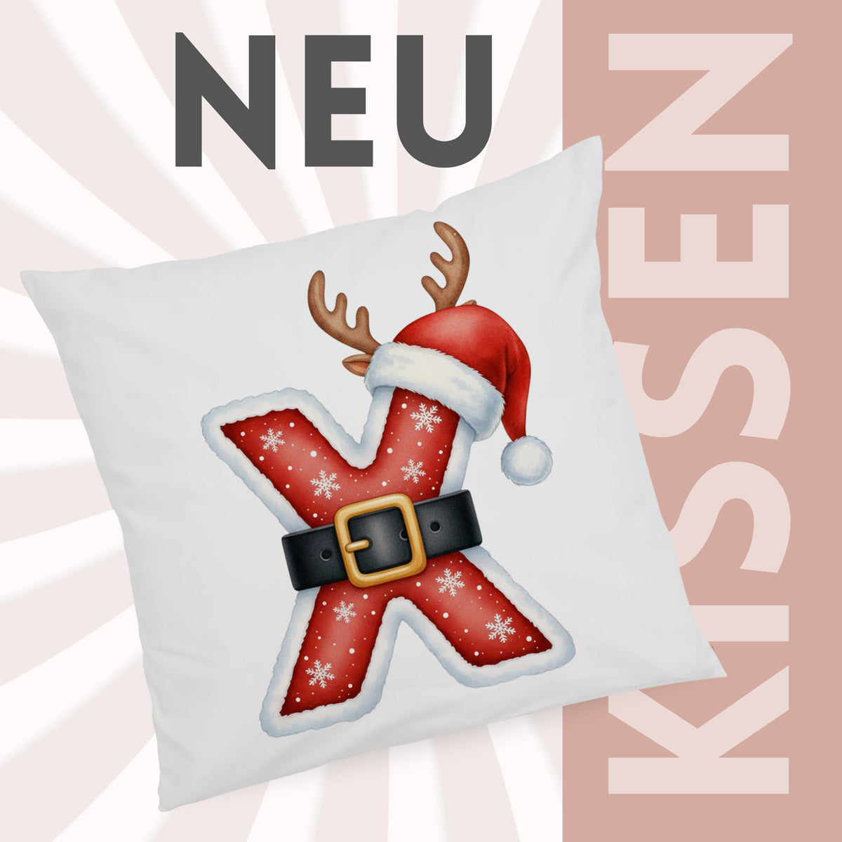 Kissen mit rotem X, Weihnachtsmütze und Geweih.