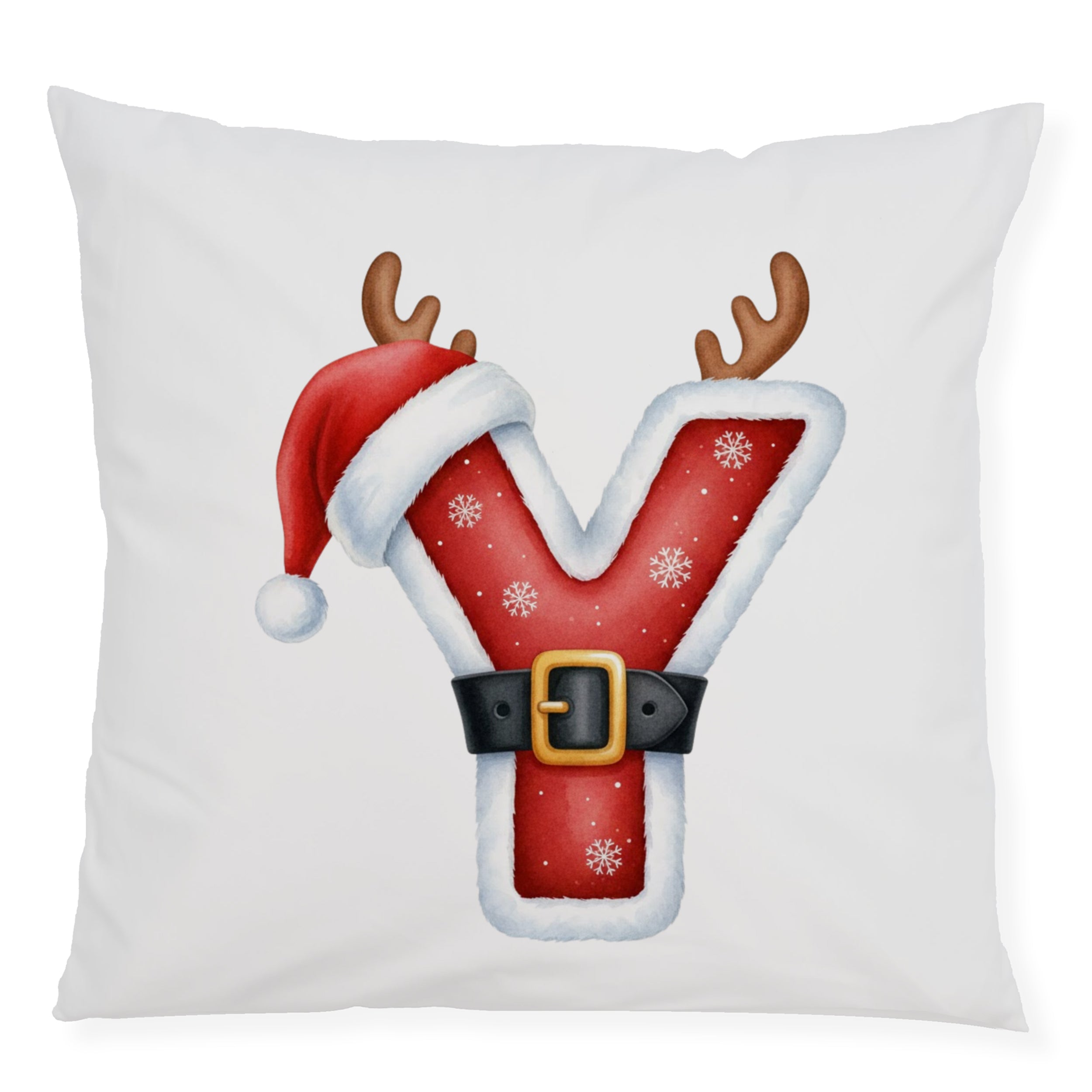 Weihnachtliches Kissen mit rotem Y, Rentiergeweih und Mütze.