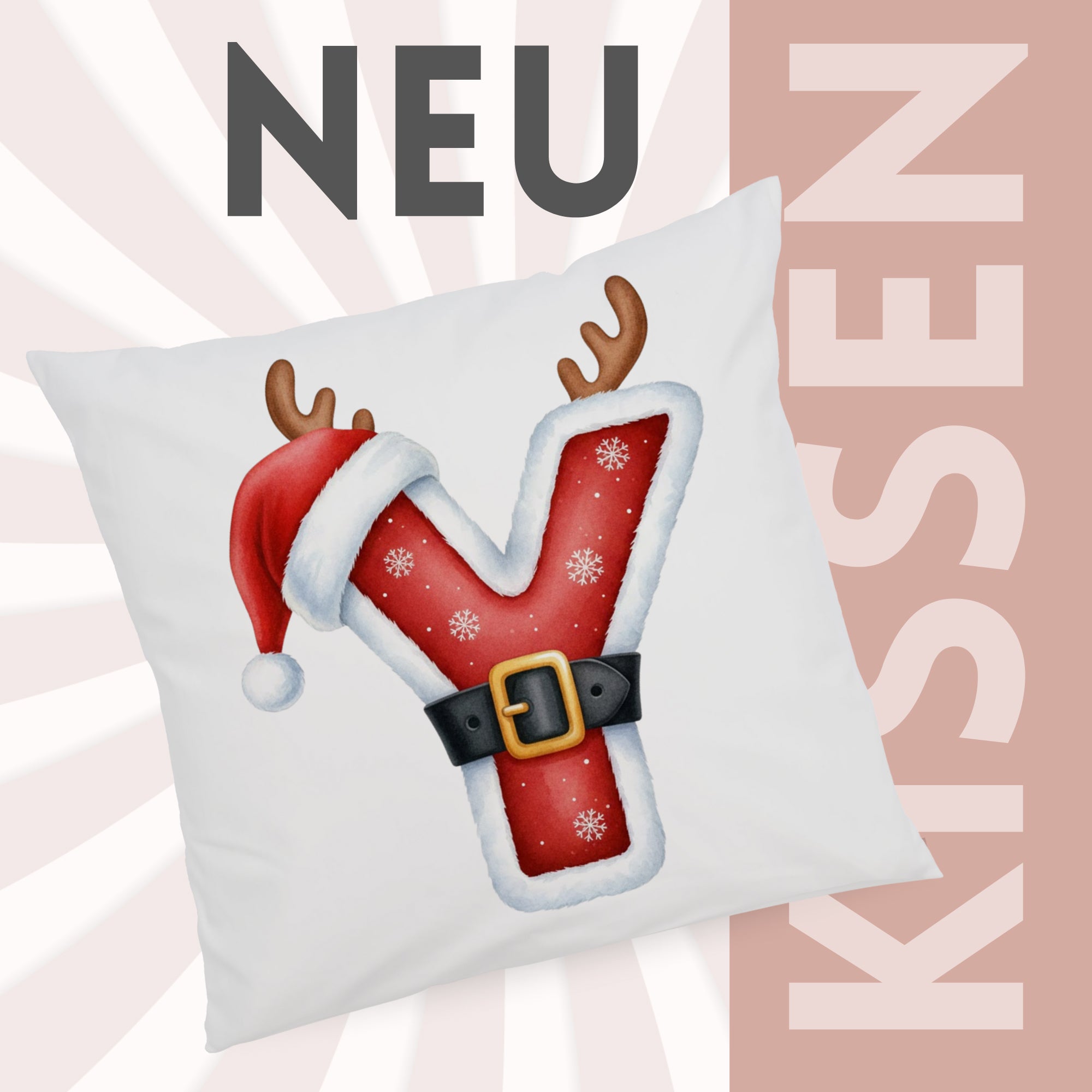 Rotes Kissen mit Weihnachtsmann-Motiv und Buchstaben Y