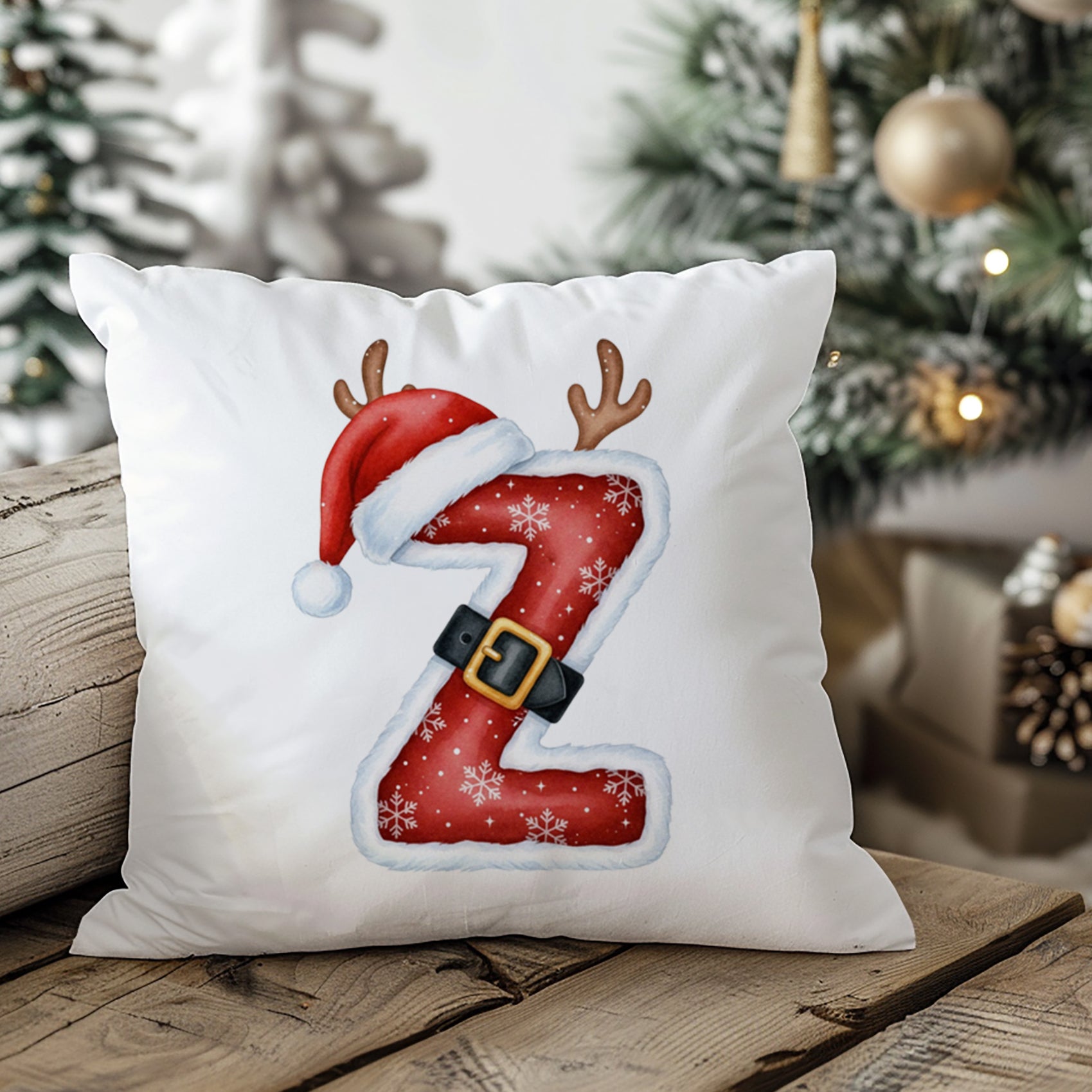 Kissen mit rotem, weihnachtlichem Z und Santa-Hut.