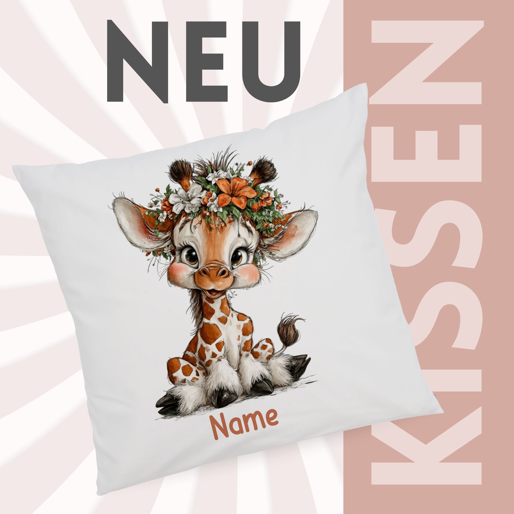 Kissenbezug mit Giraffenmotiv und Wunschname vor grafischem Neu-Hintergrund