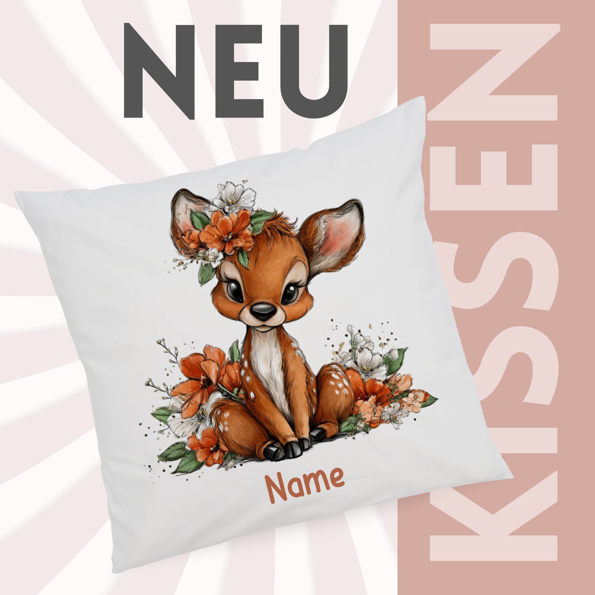 Kissenbezug mit Rehmotiv und Wunschname vor grafischem Neu-Hintergrund