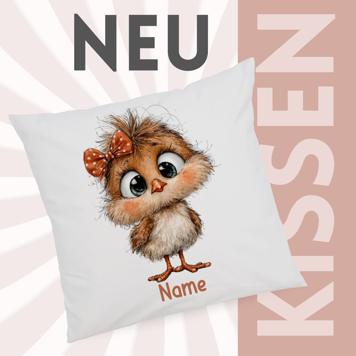 Kissenbezug mit Kükenmotiv und Wunschname vor grafischem Neu-Hintergrund