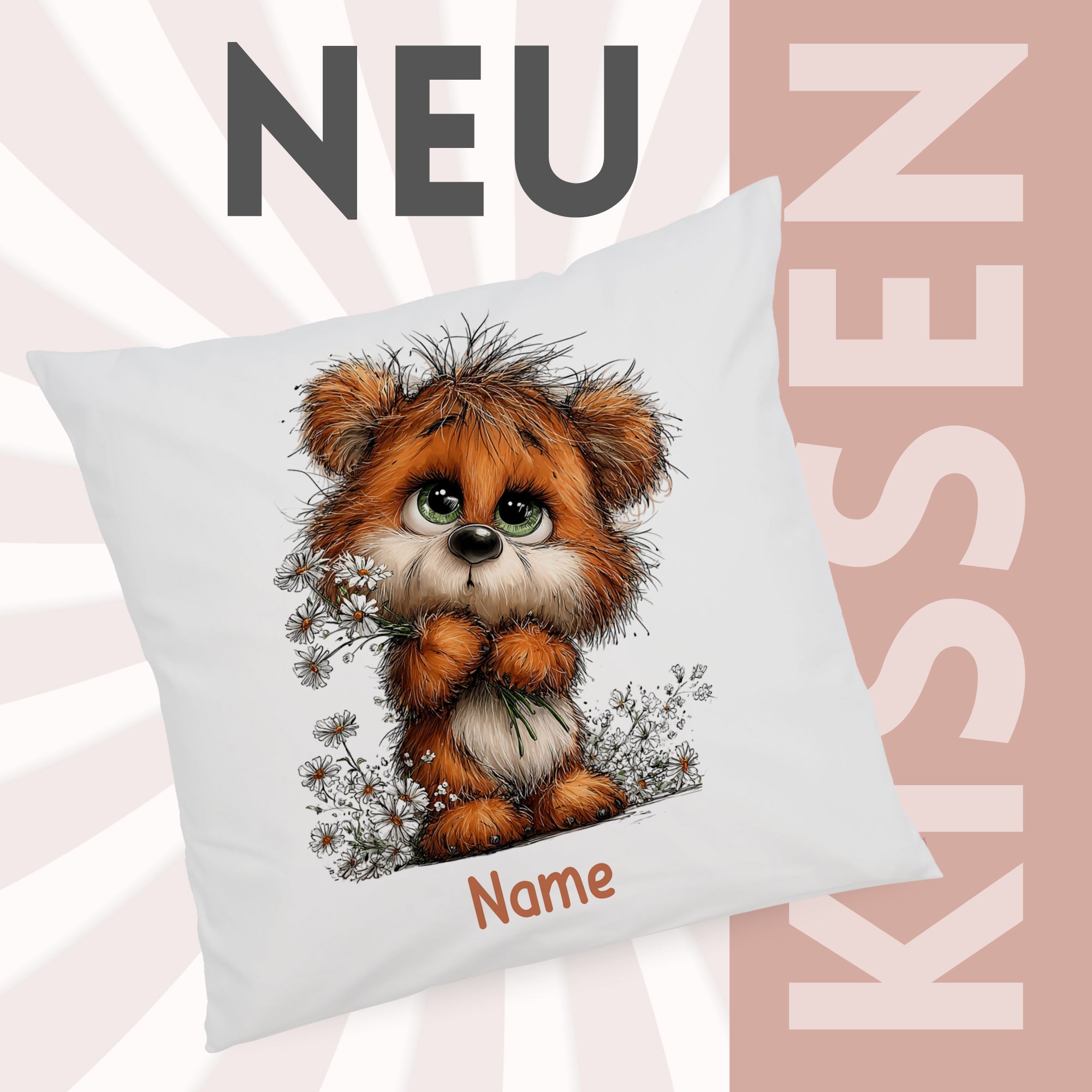 Kissenbezug mit Teddybärmotiv und Wunschname vor grafischem Neu-Hintergrund