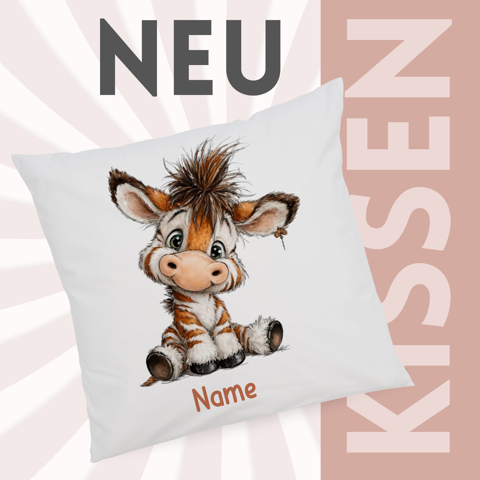 Kissenbezug mit Zebramotiv und Wunschname vor grafischem Neu-Hintergrund