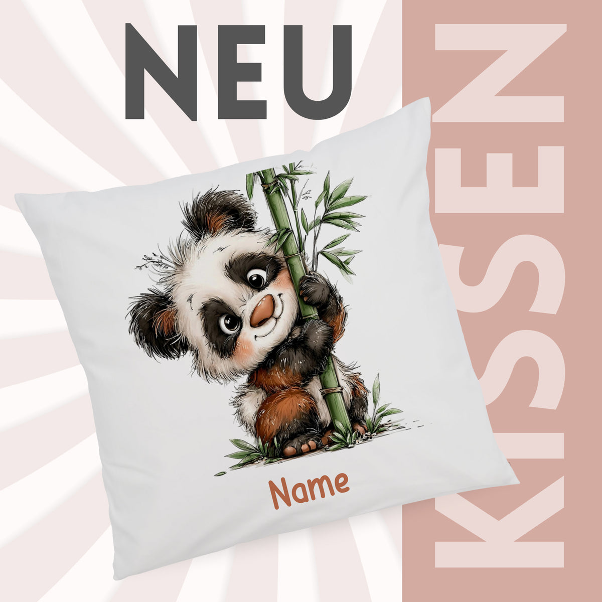 Kissenbezug mit Pandamotiv und Wunschname vor grafischem Neu-Hintergrund