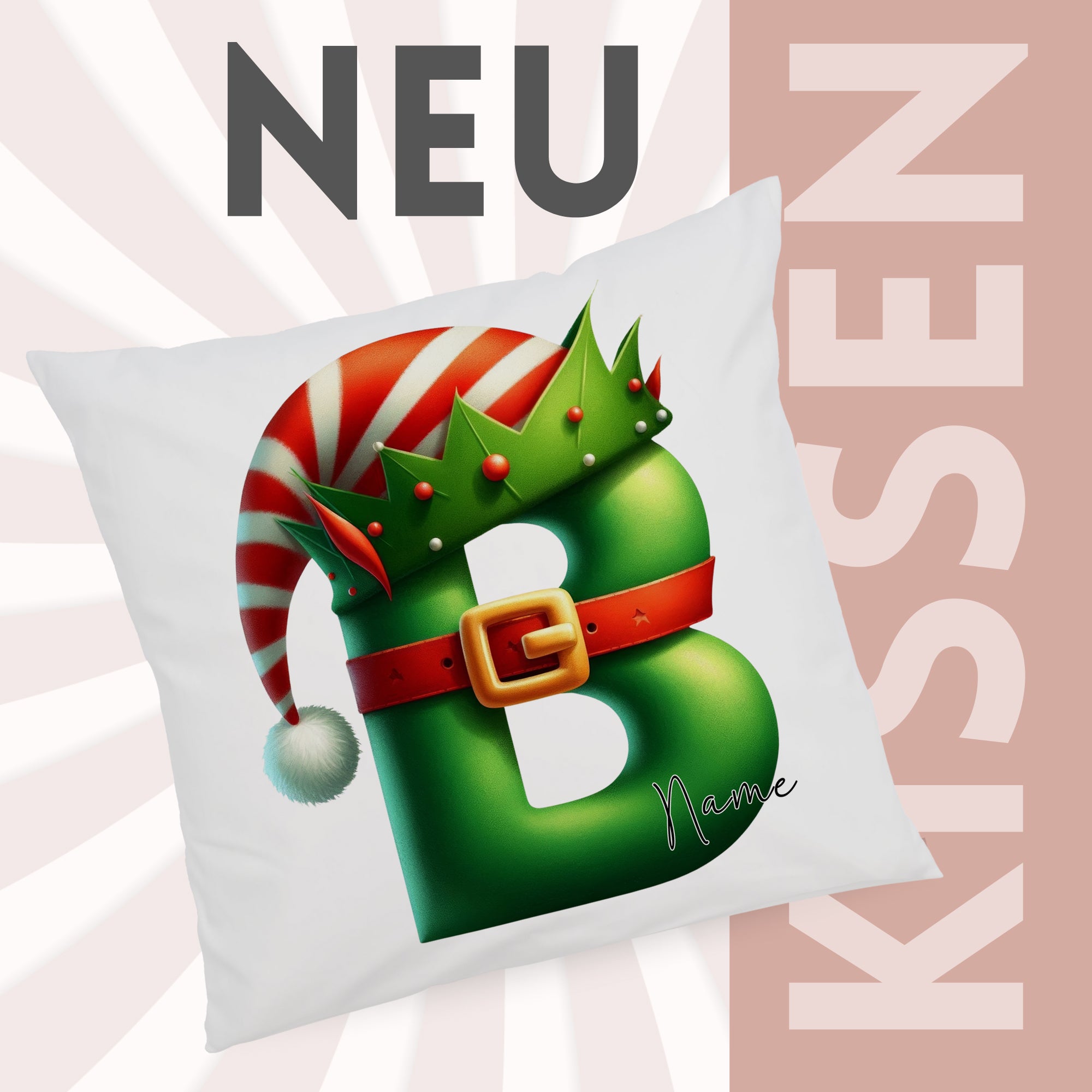 Grünes Kissen mit Weihnachtsmotiv und Buchstaben B