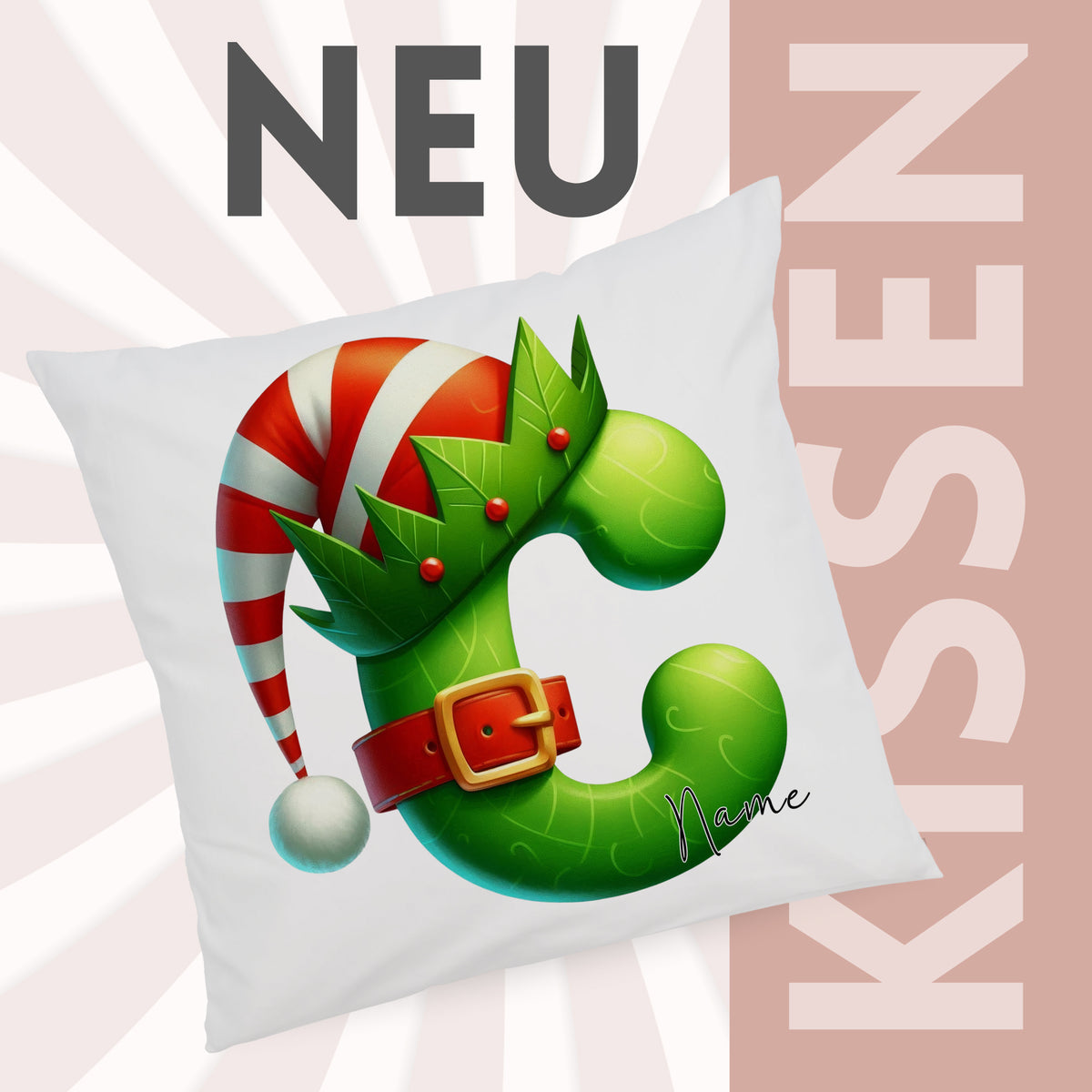 Kissen mit grüner Weihnachtsbuchstabe C und Hut.