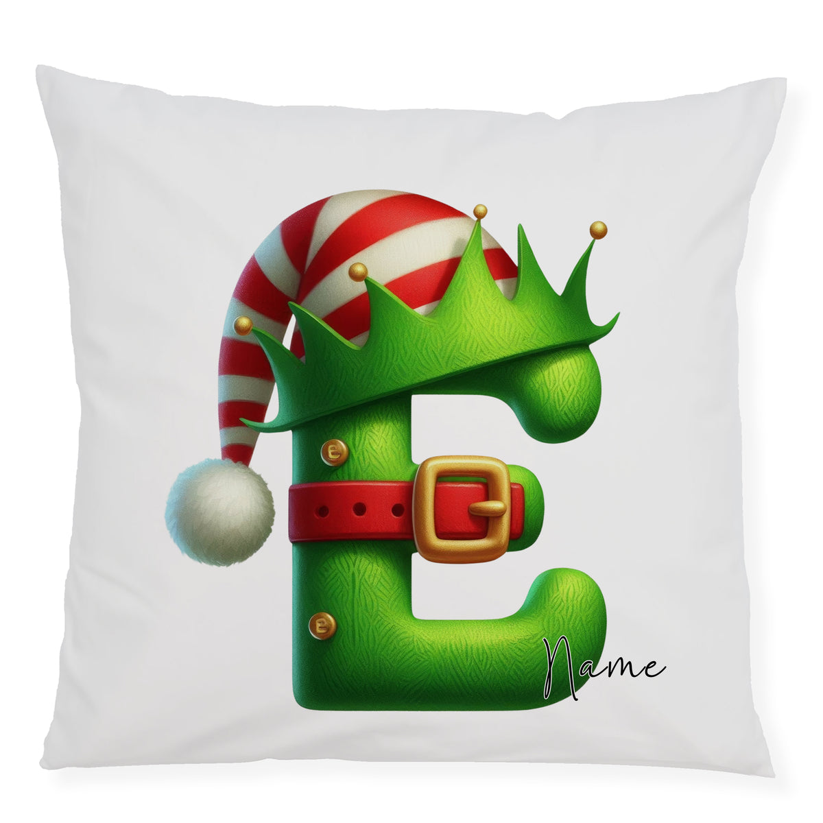 Grünes Kissen mit Weihnachtsbuchstaben "E" und Hut.