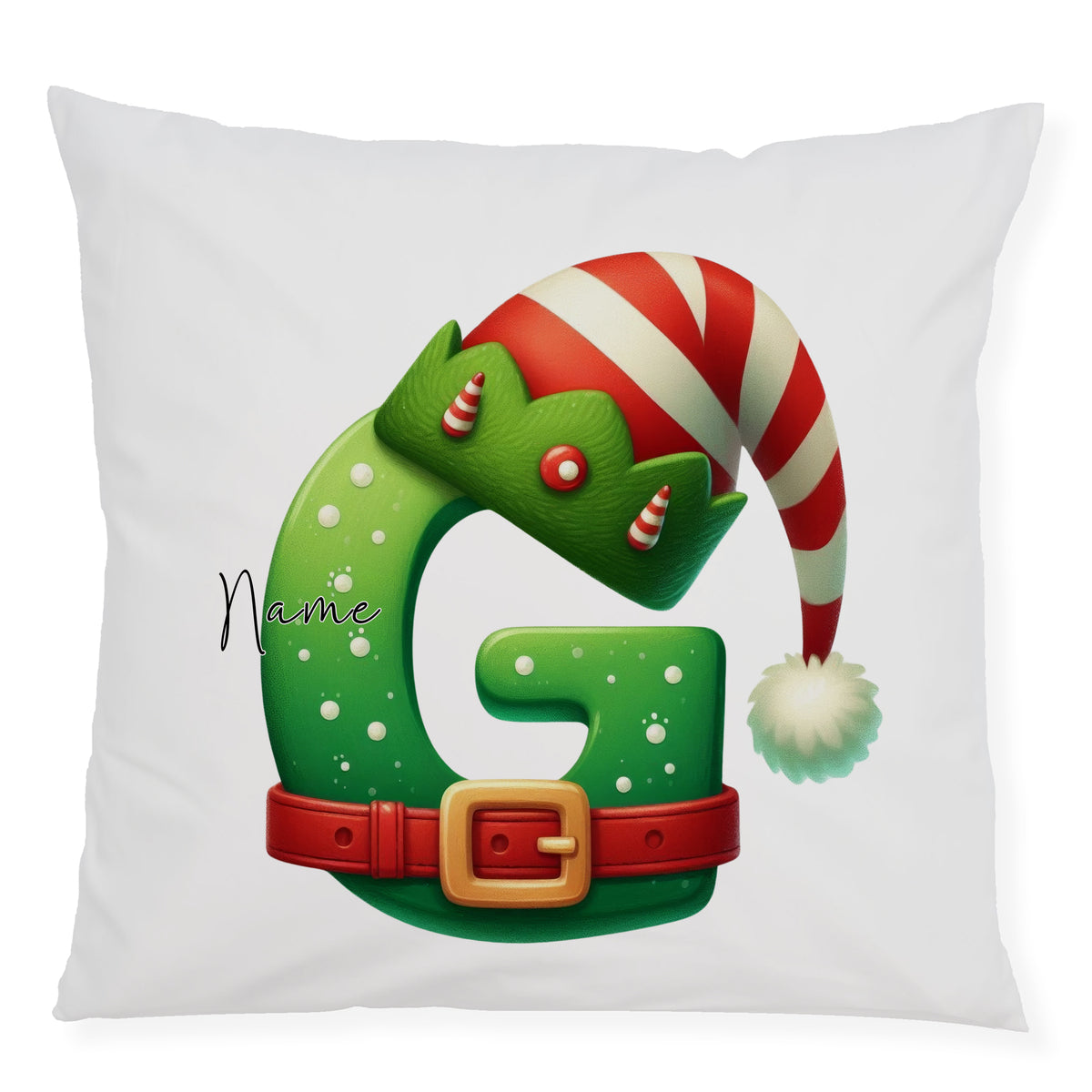 Grünes Kissen mit Weihnachtsmann-Hut und personalisierbarem Buchstaben G.