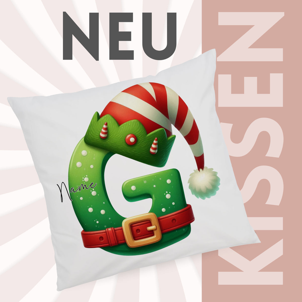 Grünes Kissen mit Weihnachtsmotiv und personalisierbarem Buchstaben G.