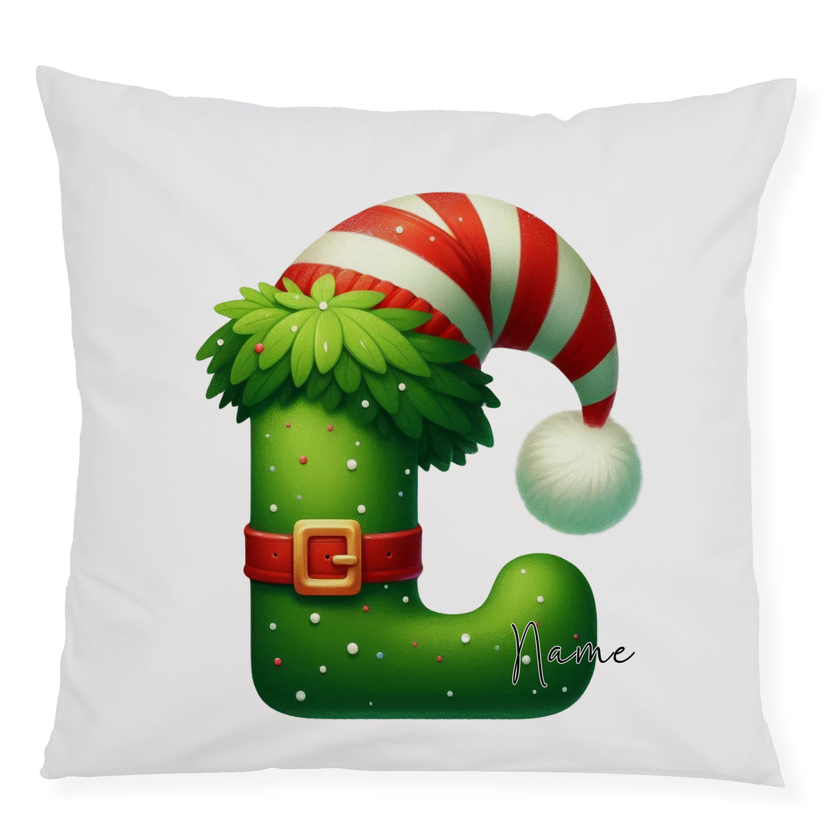 Grünes Kissen mit Weihnachtsmann-Hut und personalisierbarem Namen.