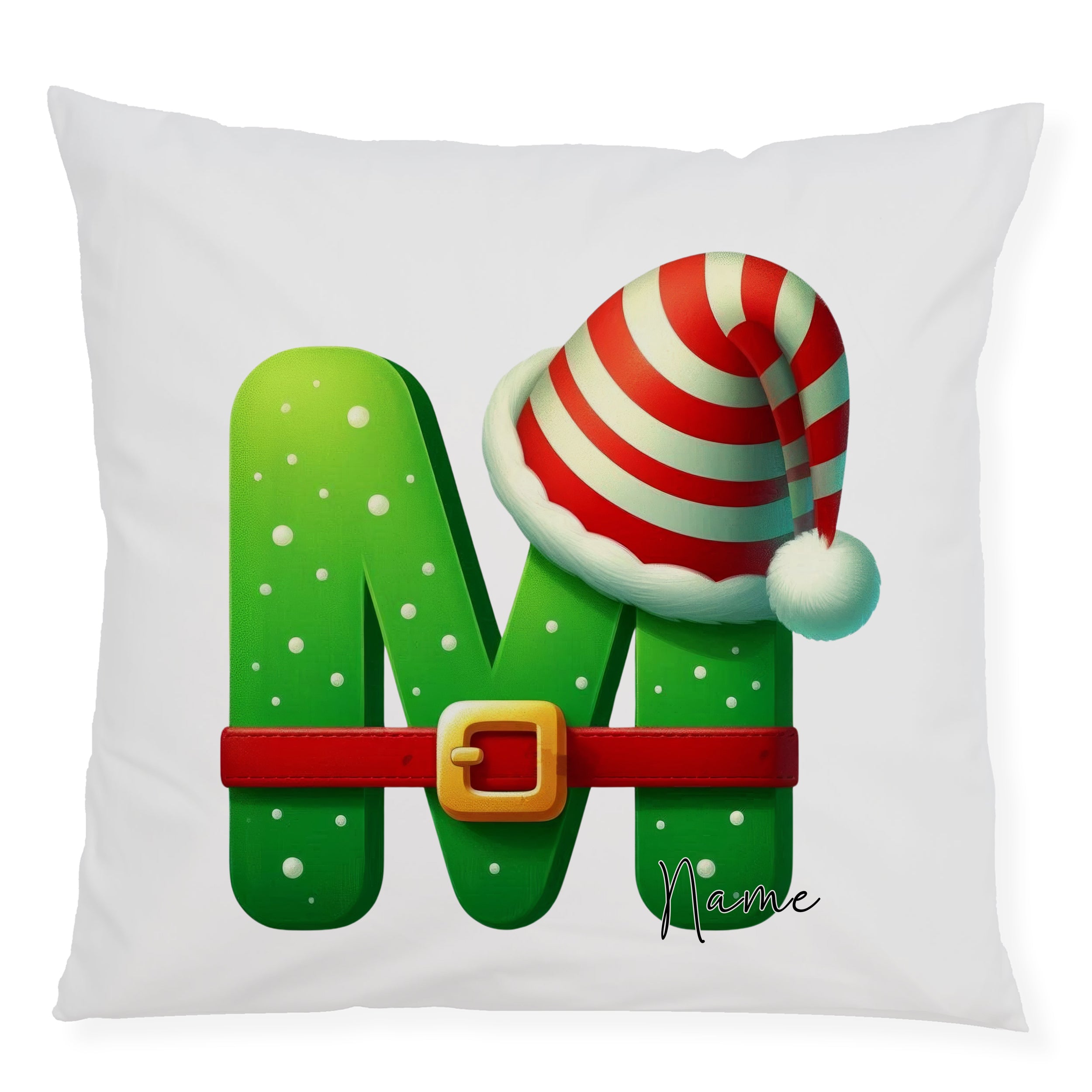 Grünes Kissen mit rotem Weihnachtsmützen-Design und personalisierbarem Namen.