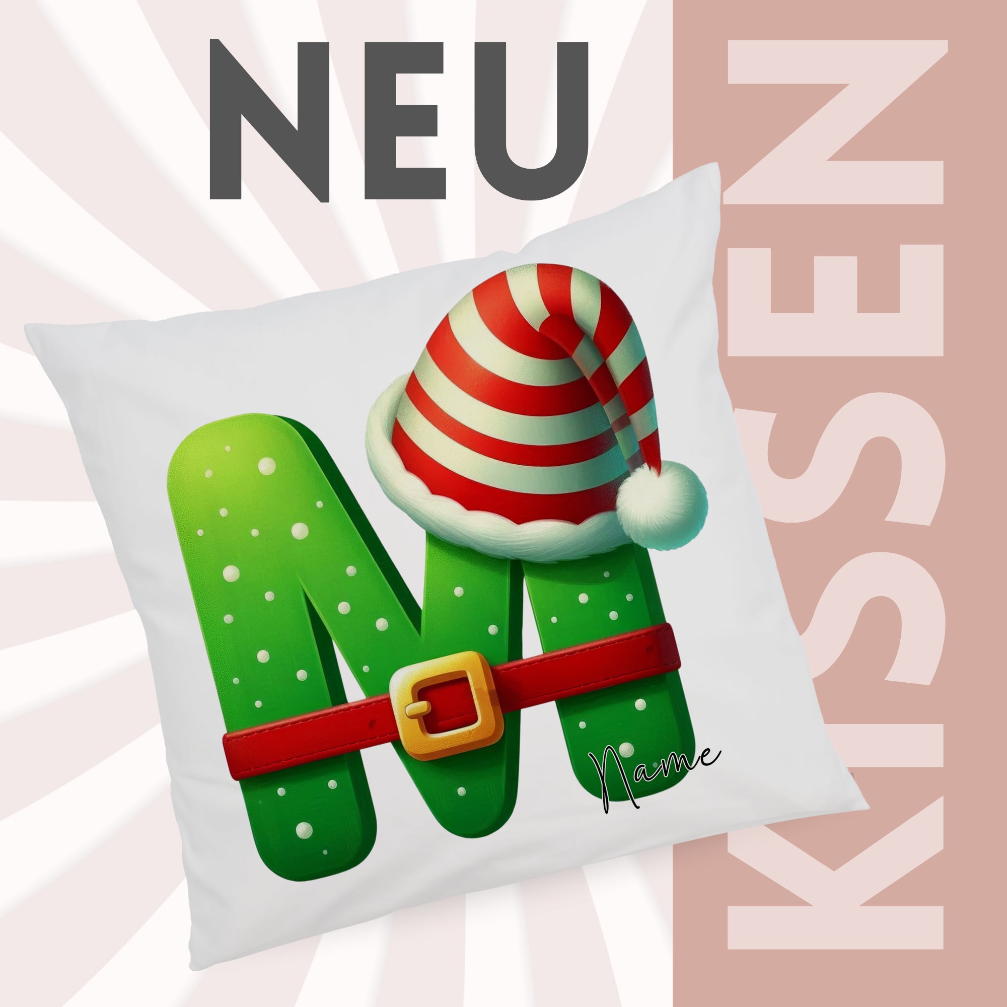 Grünes Kissen mit Weihnachtsmotiv und Buchstaben M.