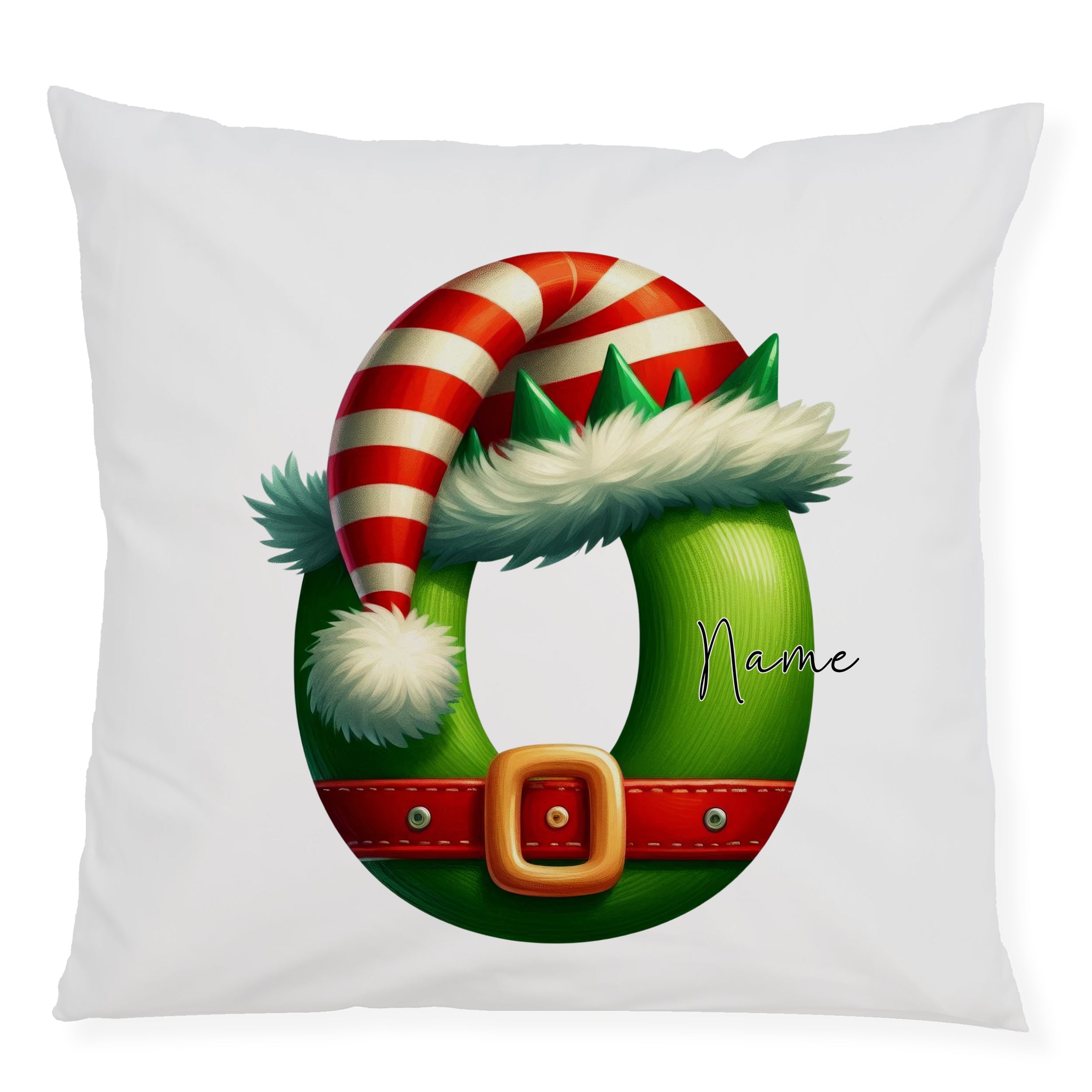 Grünes Kissen mit Weihnachtsmann-Hut und personalisierbarem Namen.