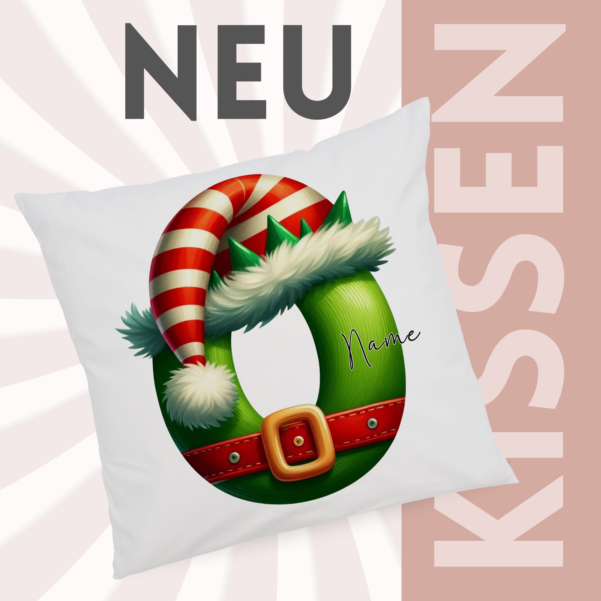 Kissen mit Weihnachtsmotiv, grün, rot gestreifter Hut.