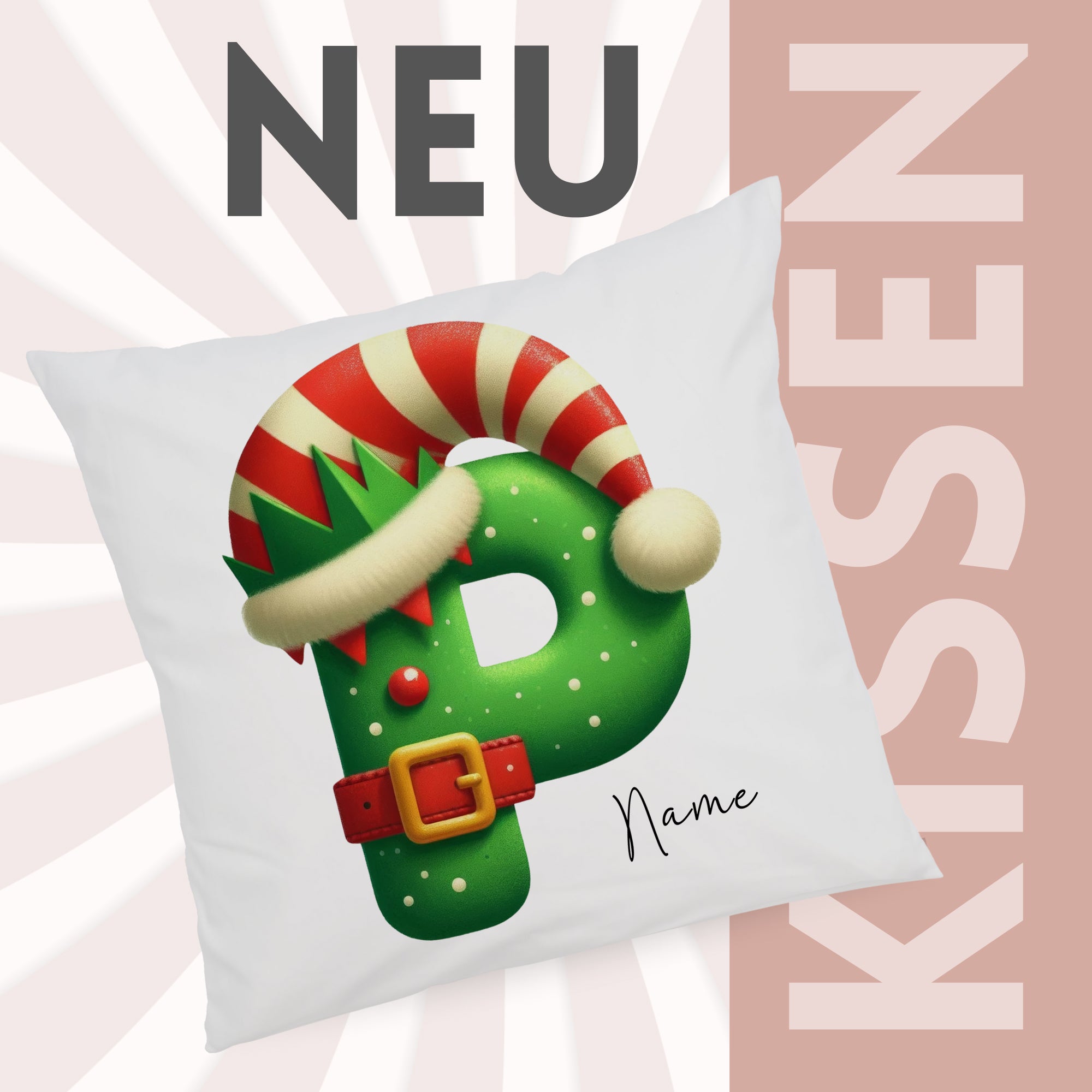 Grünes Kissen mit Weihnachtsbuchstaben P und Dekoration.