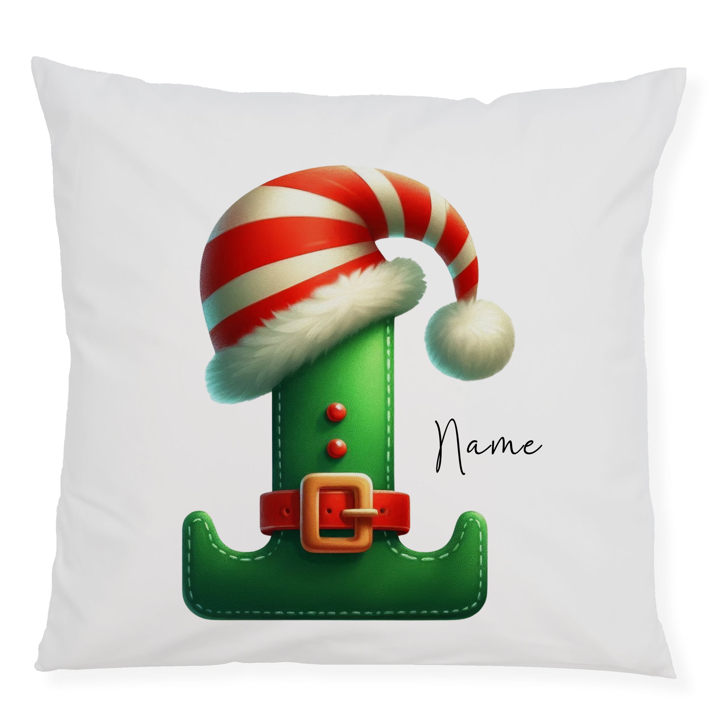 Grüne Kissen mit Weihnachtsmann-Hut und personalisierbarem Namen.