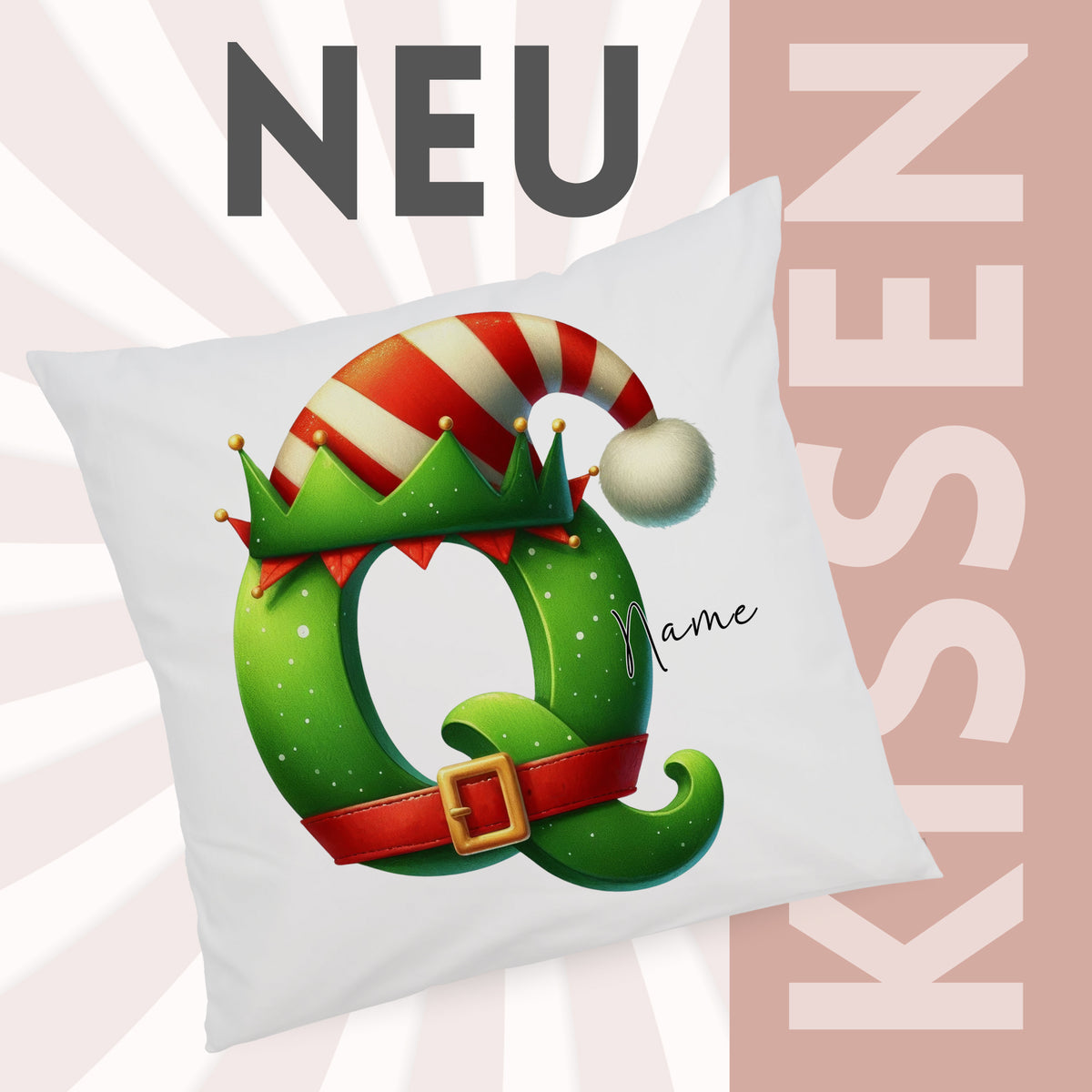 Kissen mit grünem Weihnachtselch-Motiv und rotem Hut