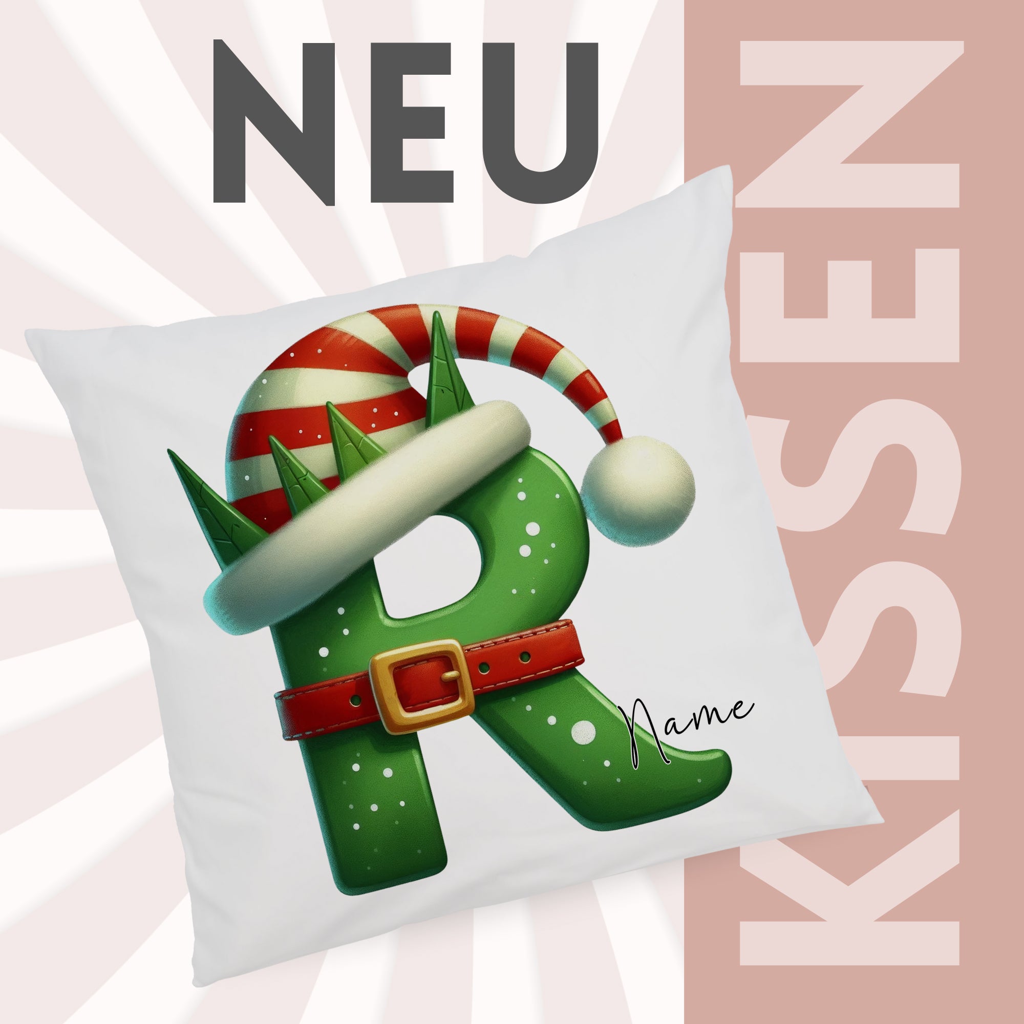 Grünes Kissen mit Weihnachtsmotiv und personalisierbarem Namen.