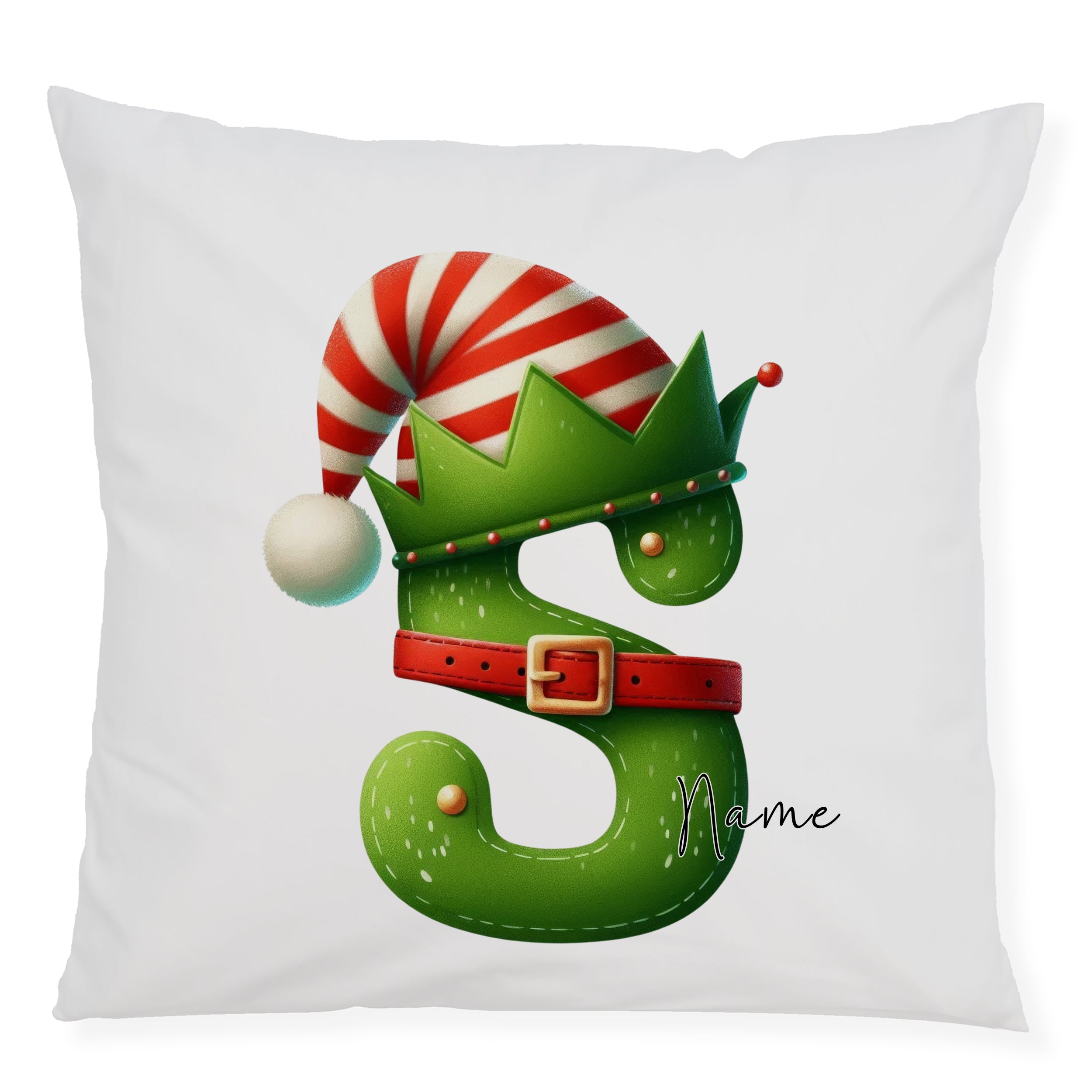 Grüner Kissenbezug mit Weihnachtsmann-Motiv und personalisierbarem Namen.