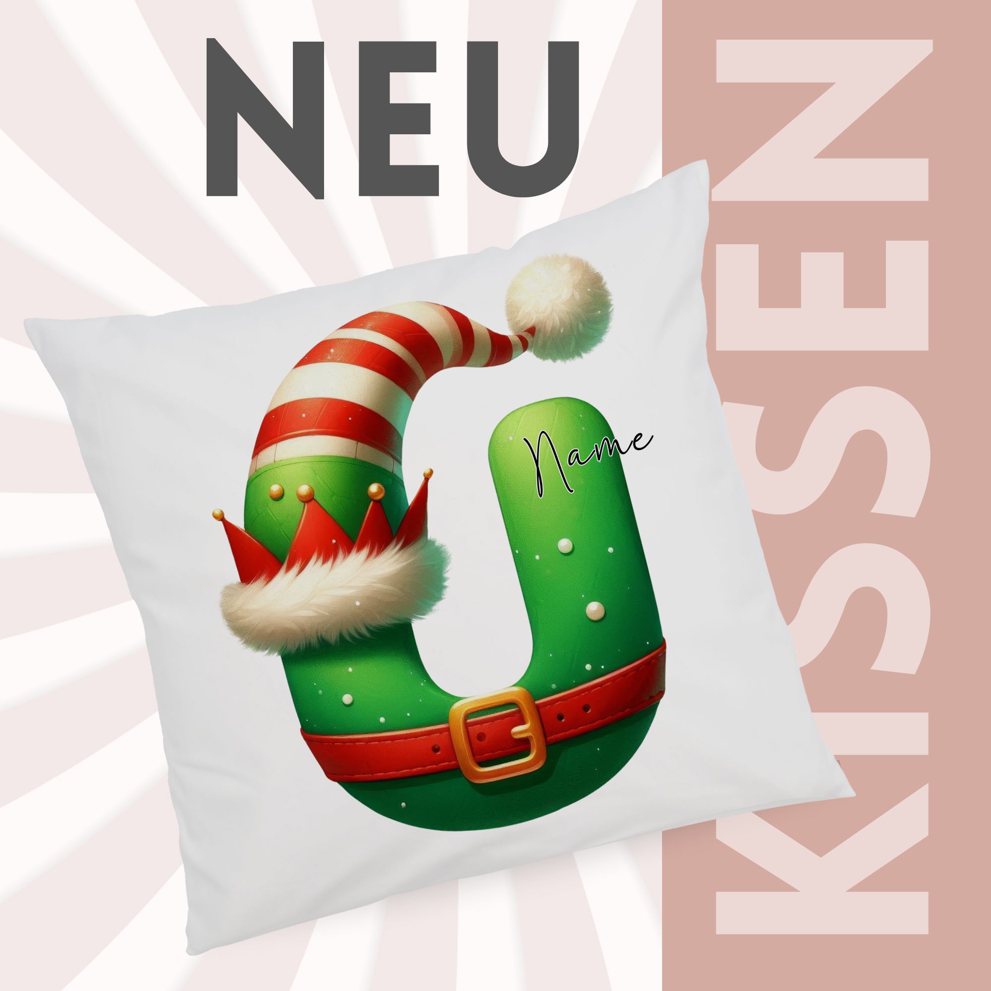 Grünes Kissen mit Weihnachtsmotiv und personalisierbarem Namen.