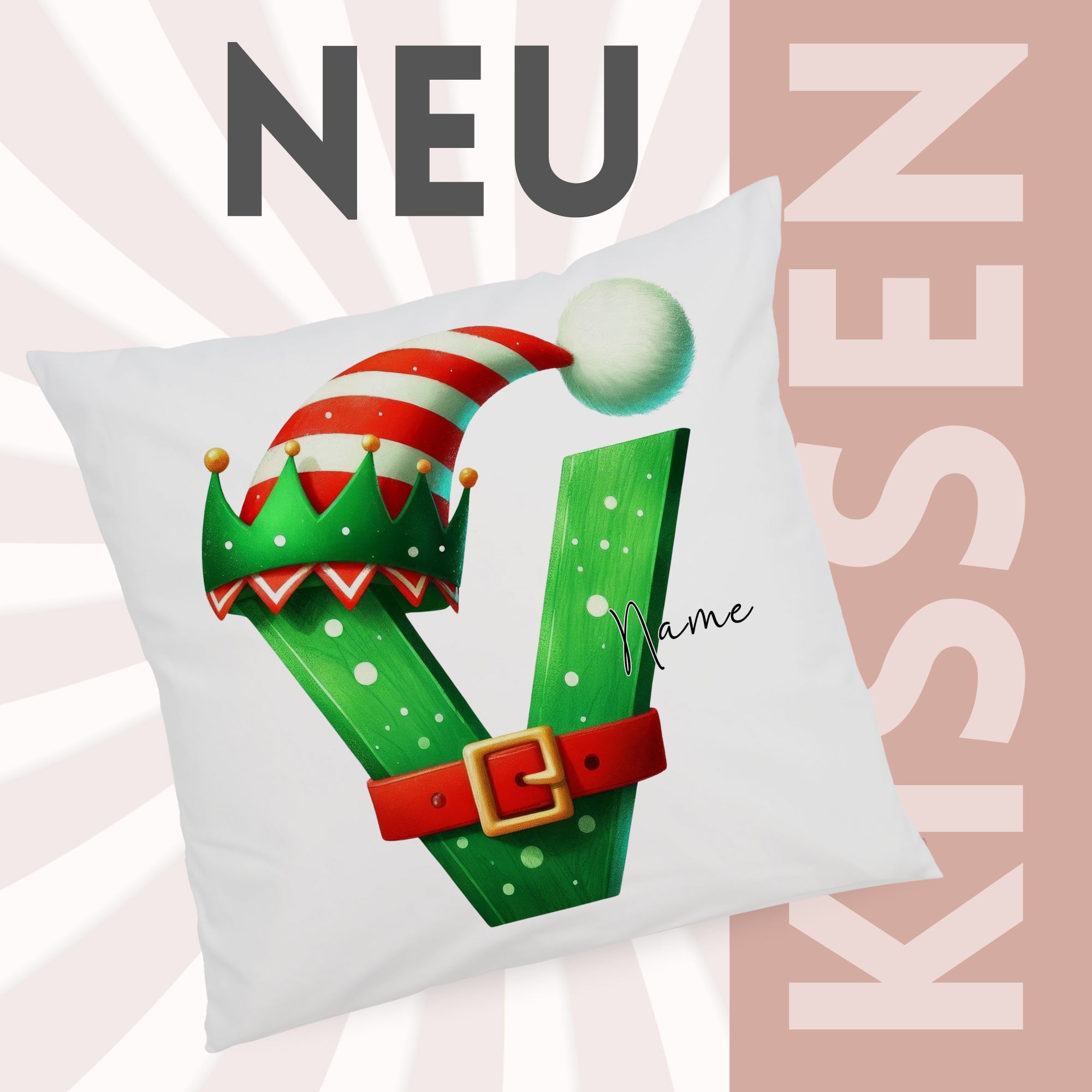 Kissen mit grüner Buchstaben-V-Design, Weihnachtsmütze.
