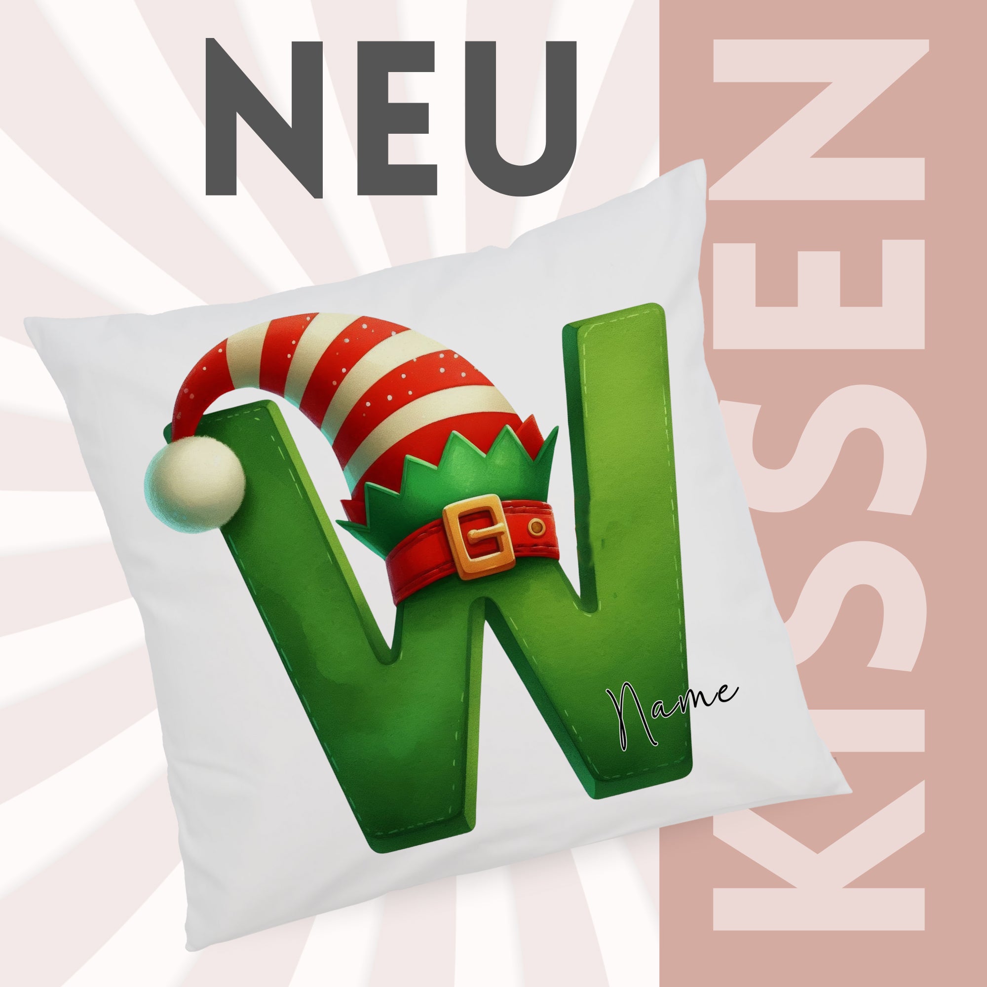 Kissen mit grünem "W" und Weihnachtsmütze.